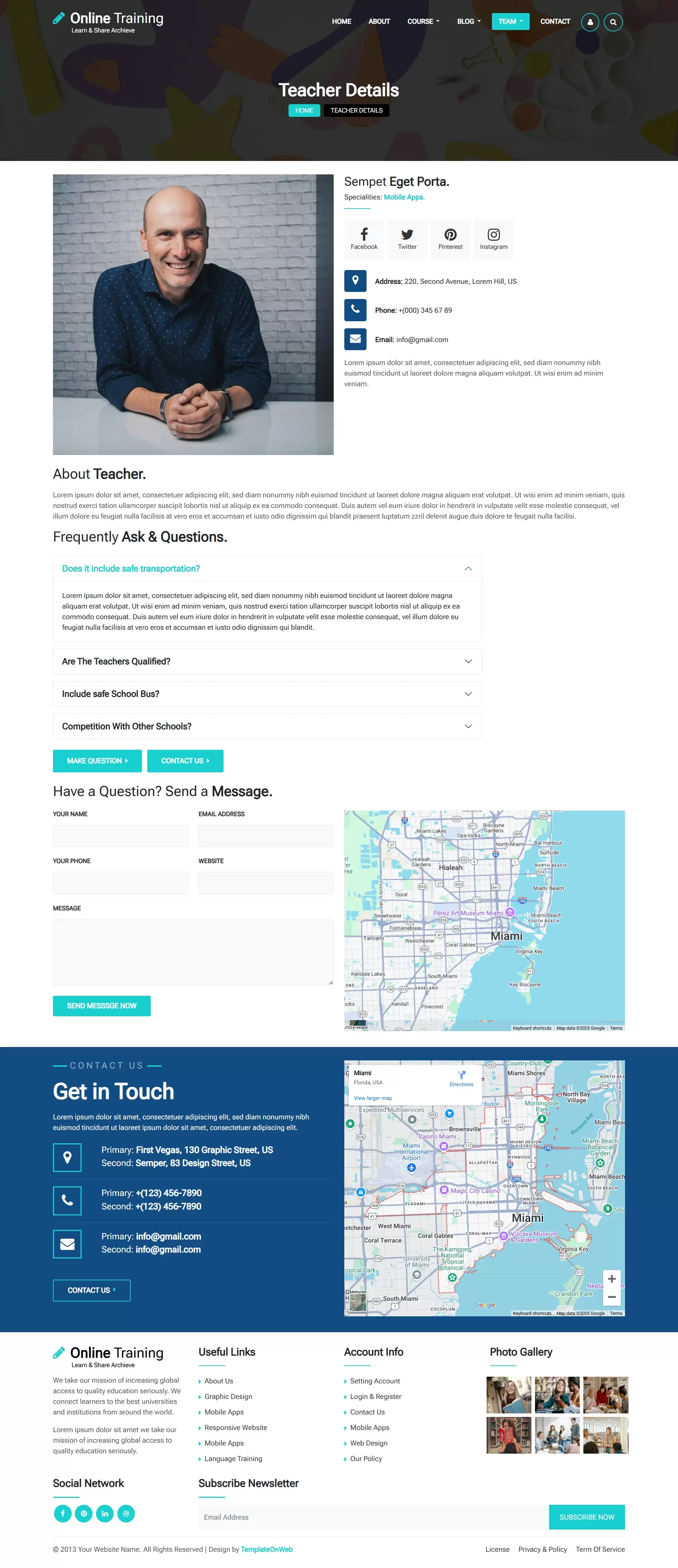 Teachers personal details like social links, skills, qualifications, and contact details