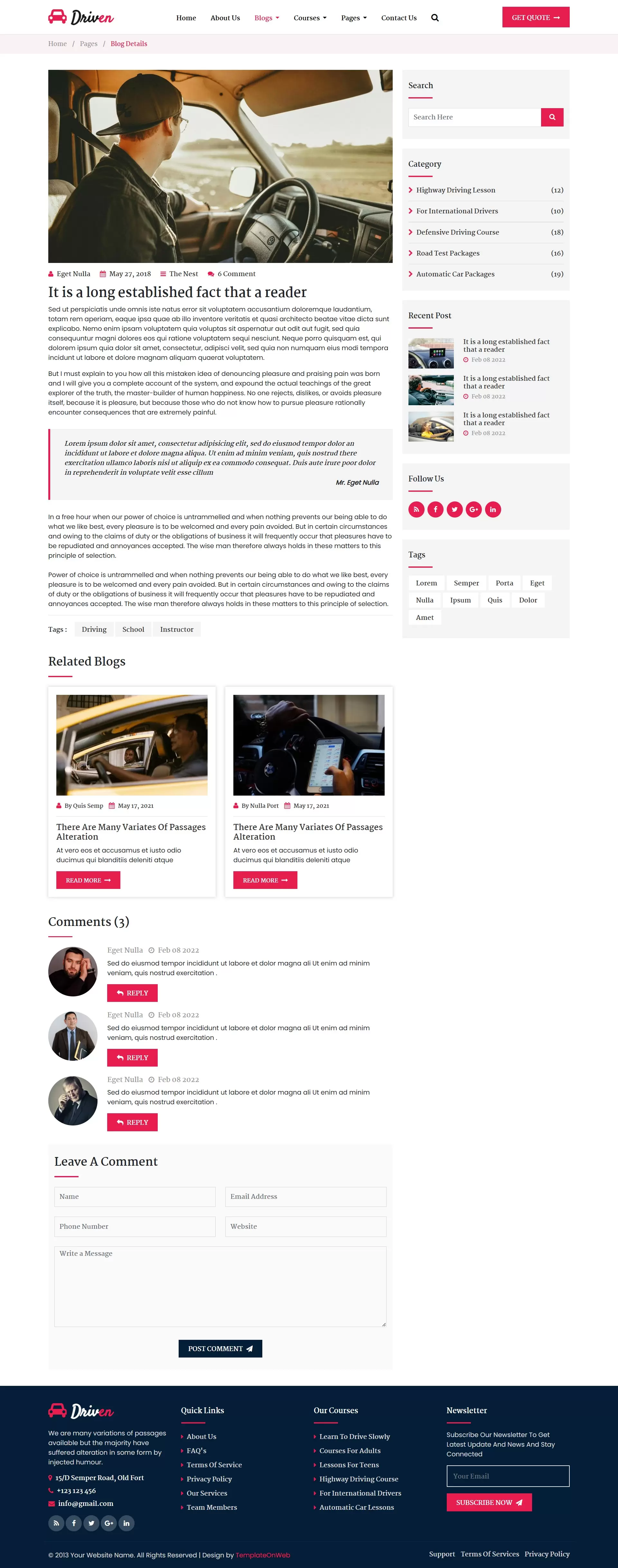 Blog details page with user comments, blogs categories, and related blogs