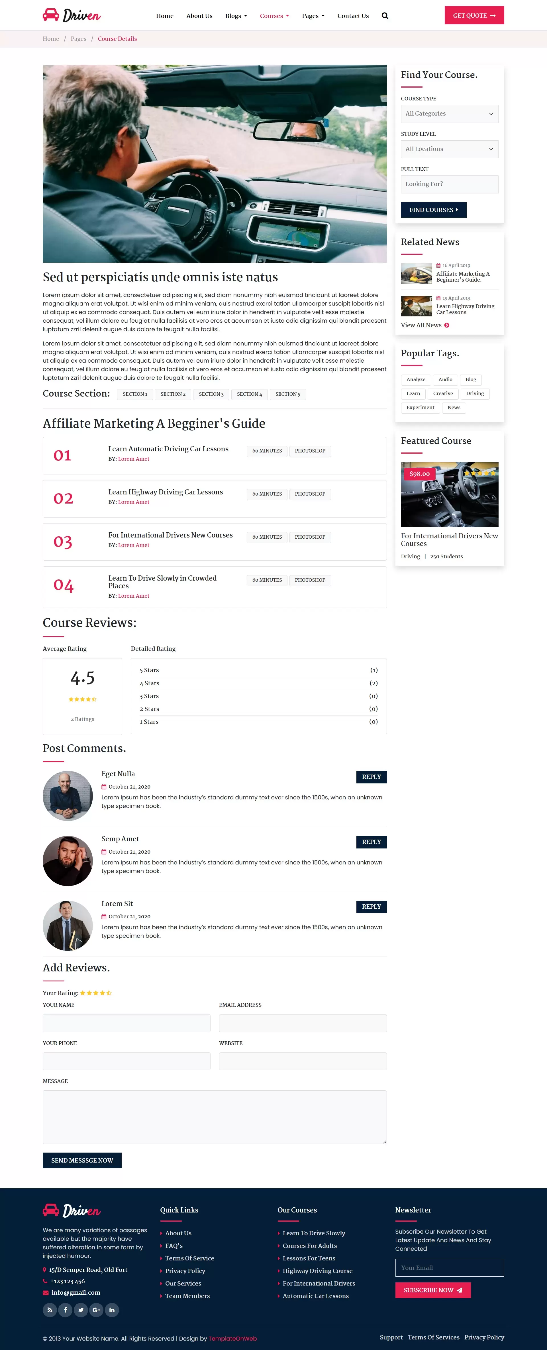 Driving course with details on course duration, pricing, and learning objectives