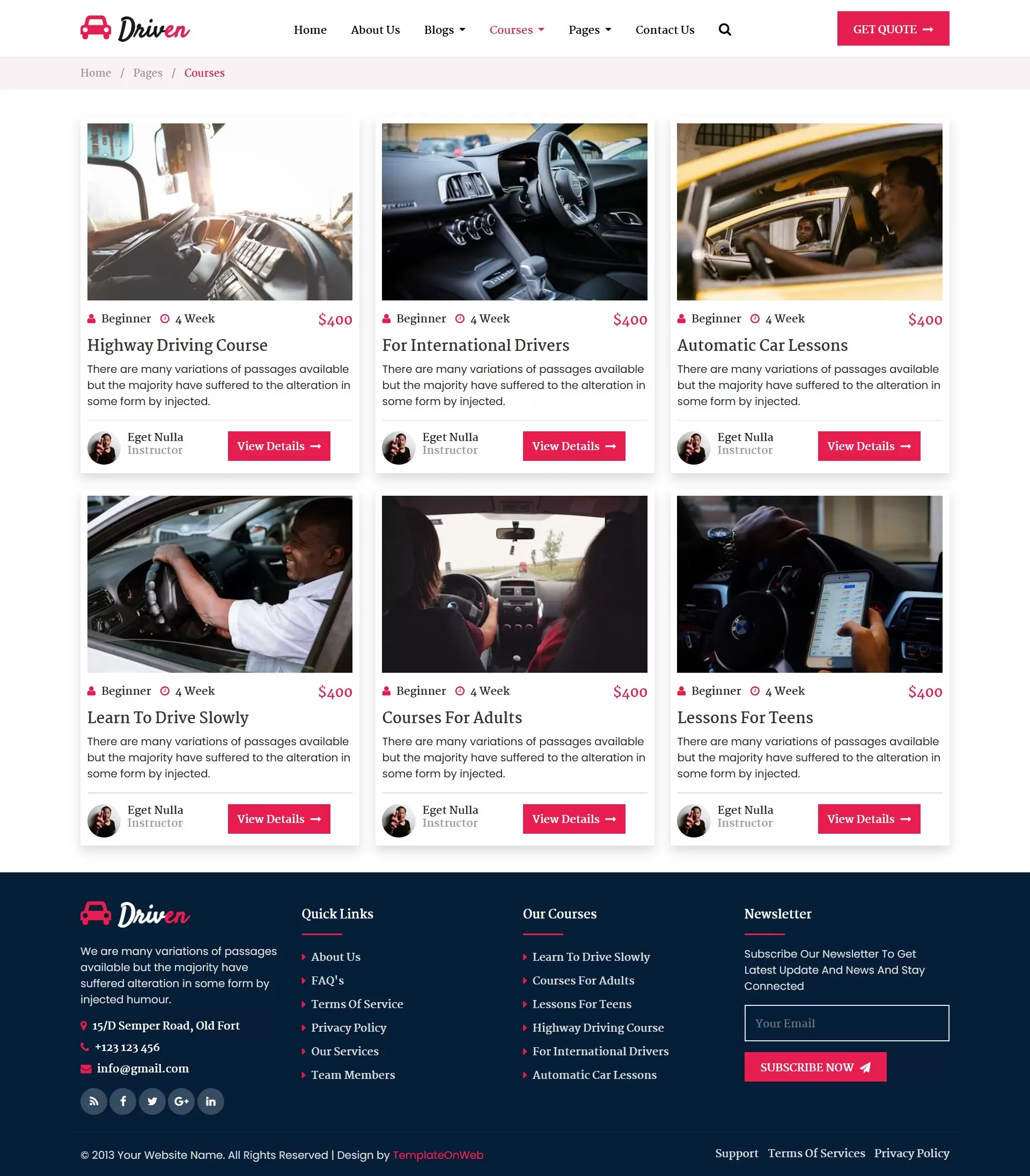Car driving lesson plans listing