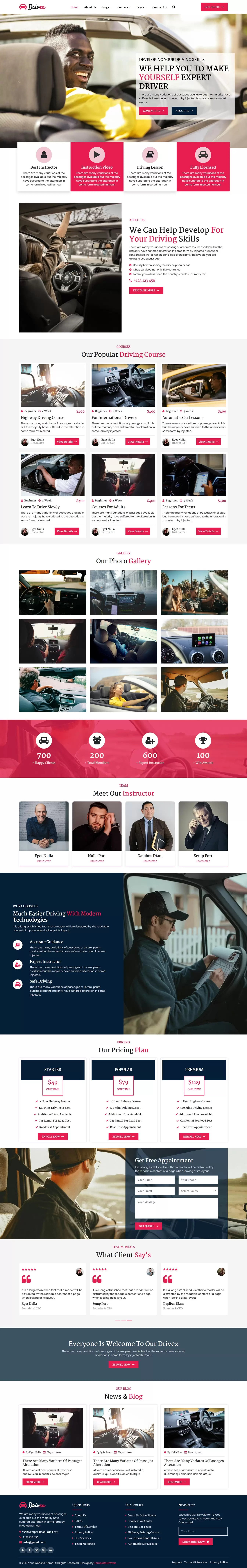 Driving instructor website template home page preview