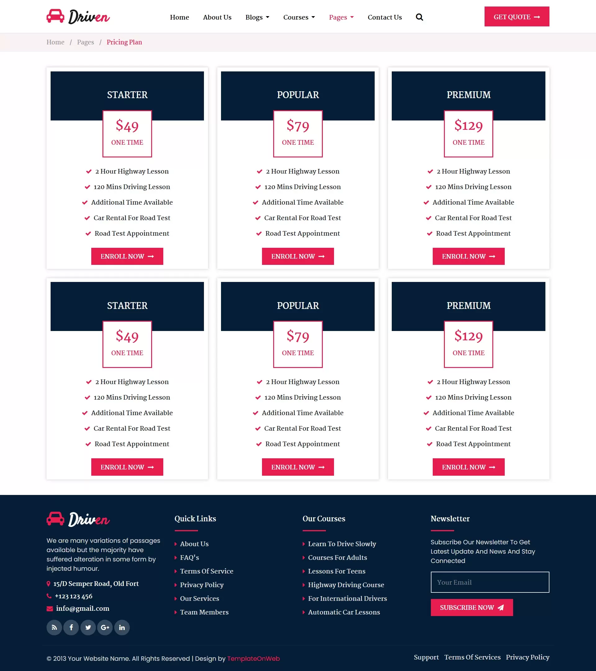 Pricing plans webpage for driving lessons and certification programs