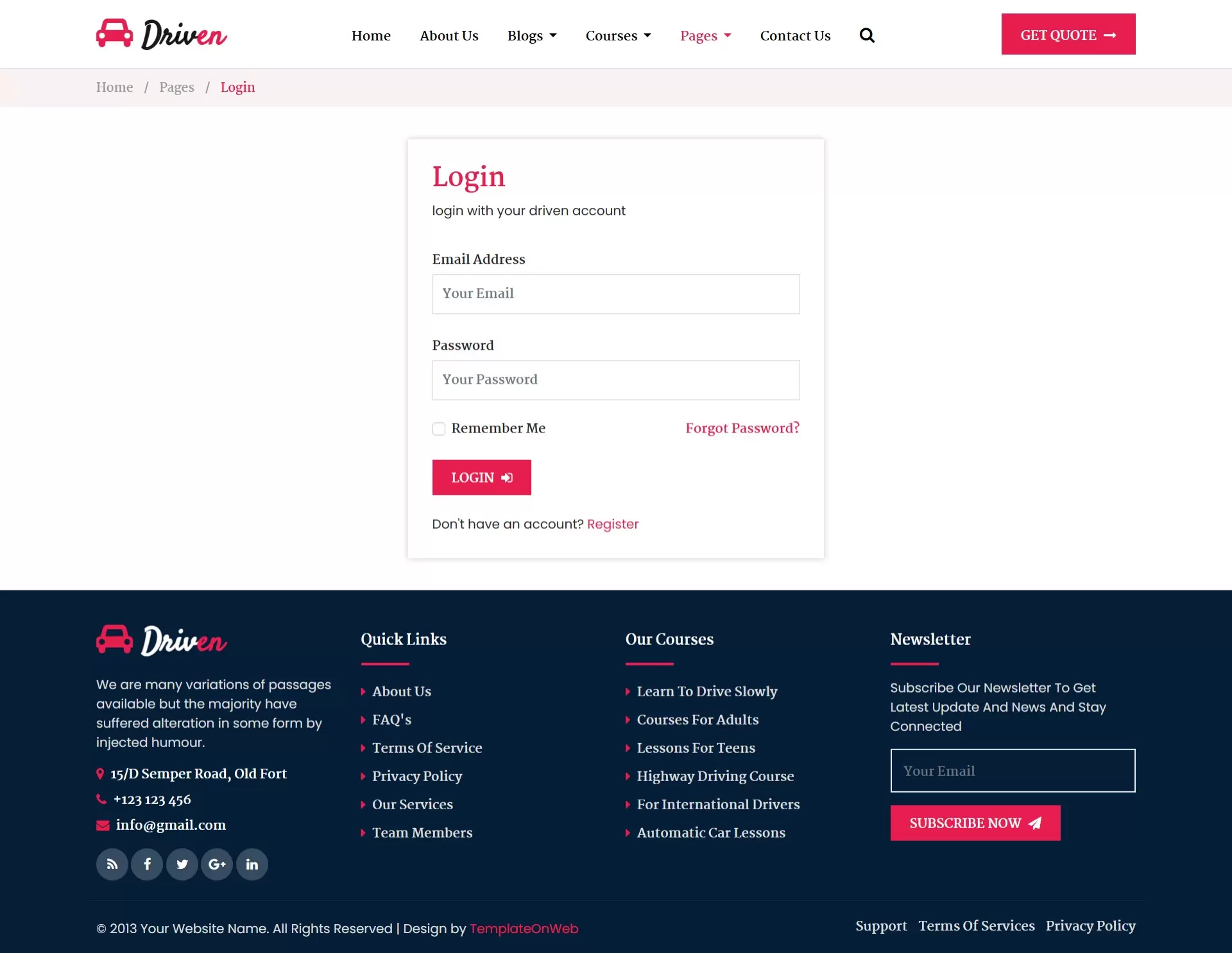 Drivers login page to make comments and reviews