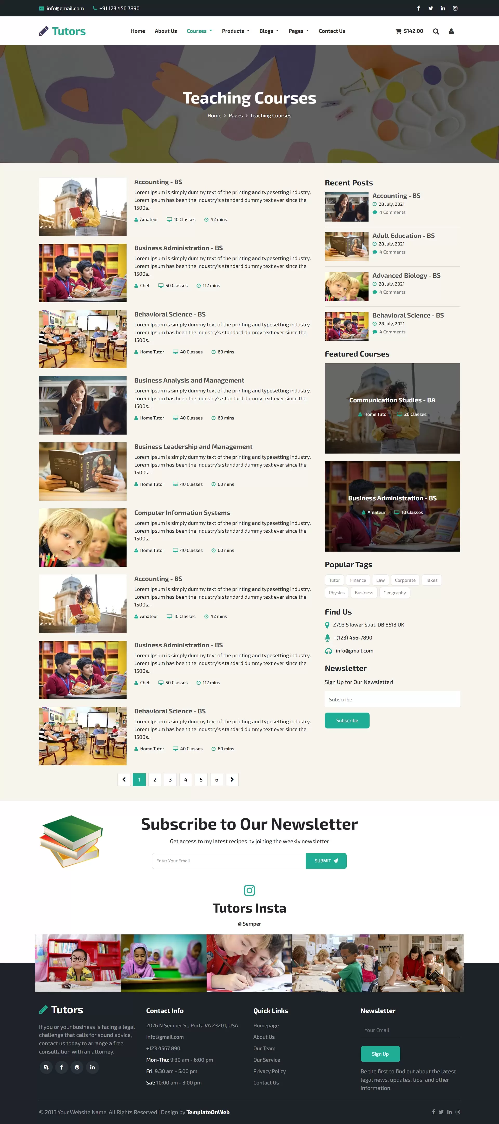 Course listings & subjects offered page design