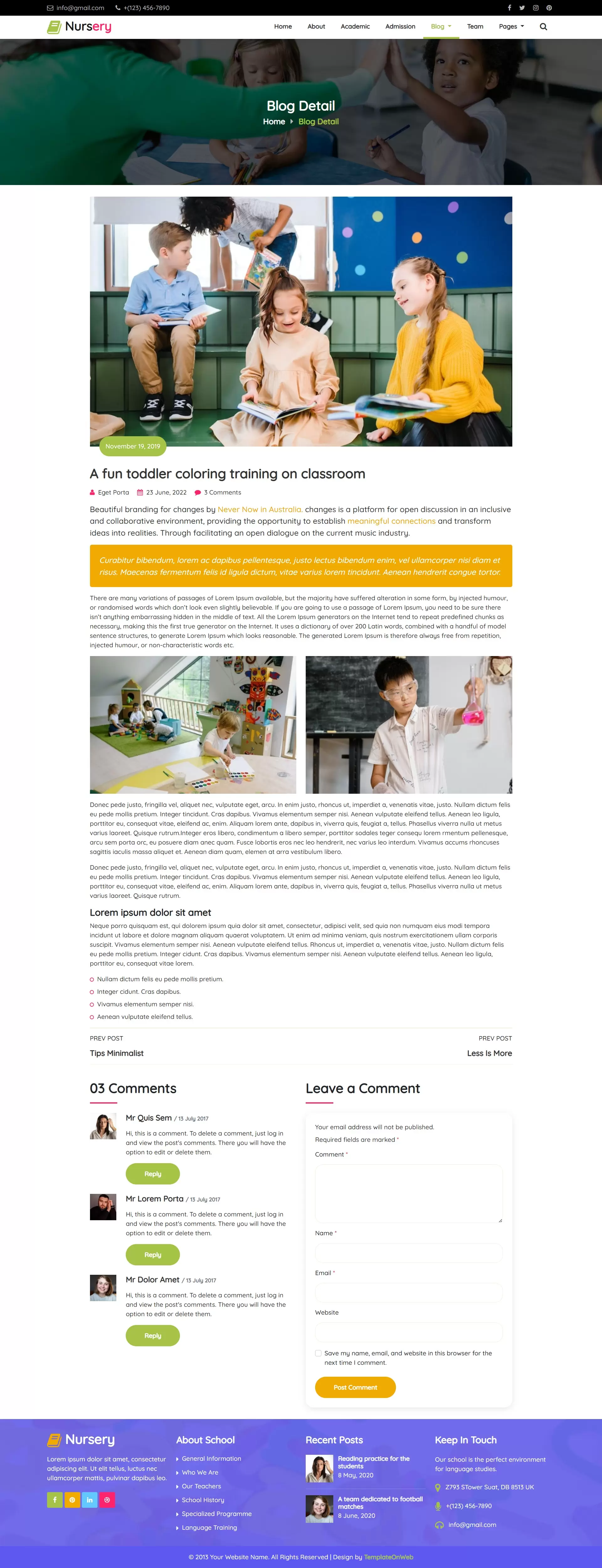 Blog details page for articles on parenting tips, and school updates