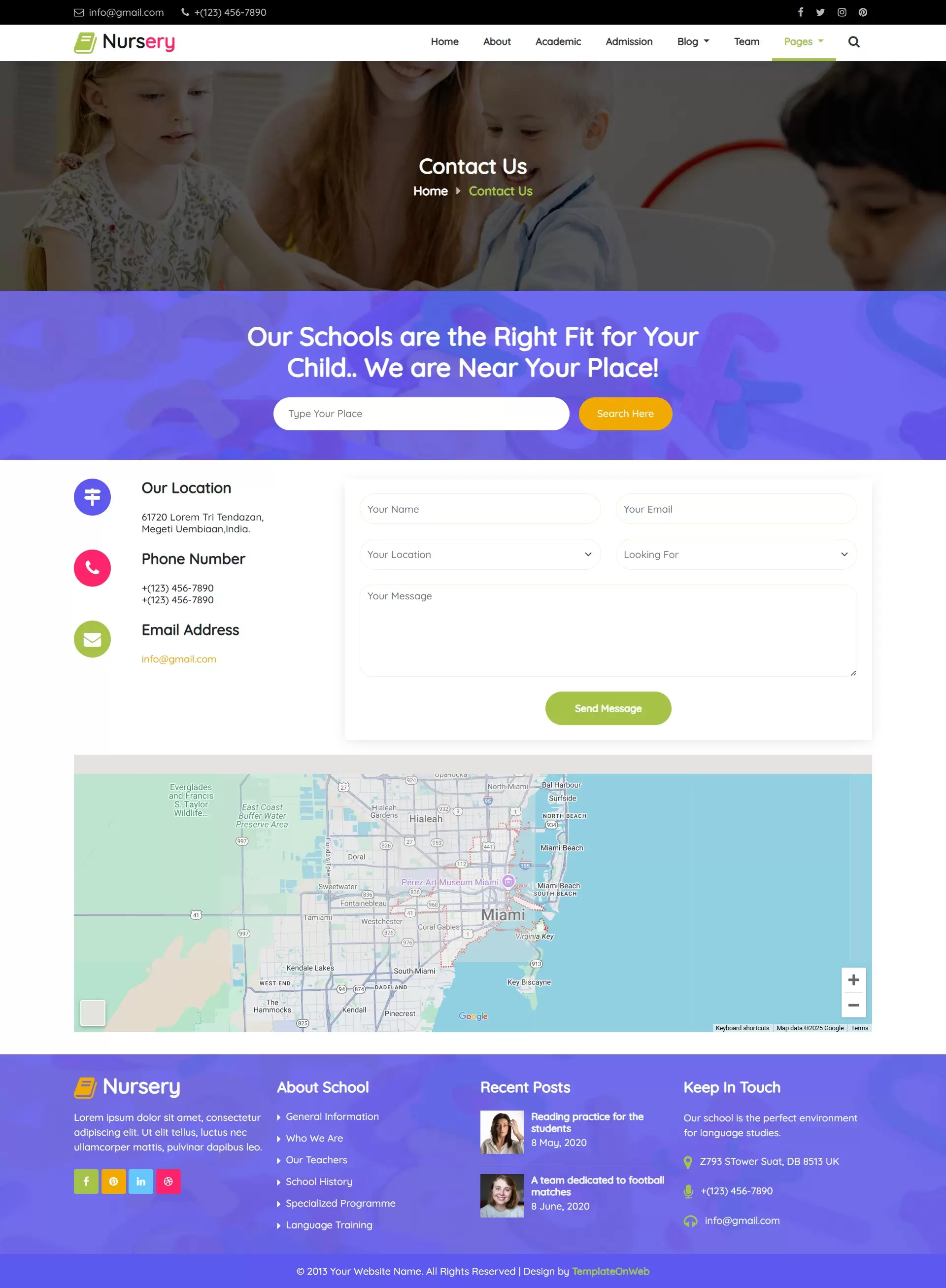 Contact page to include location, contact details, and a Google Maps integration