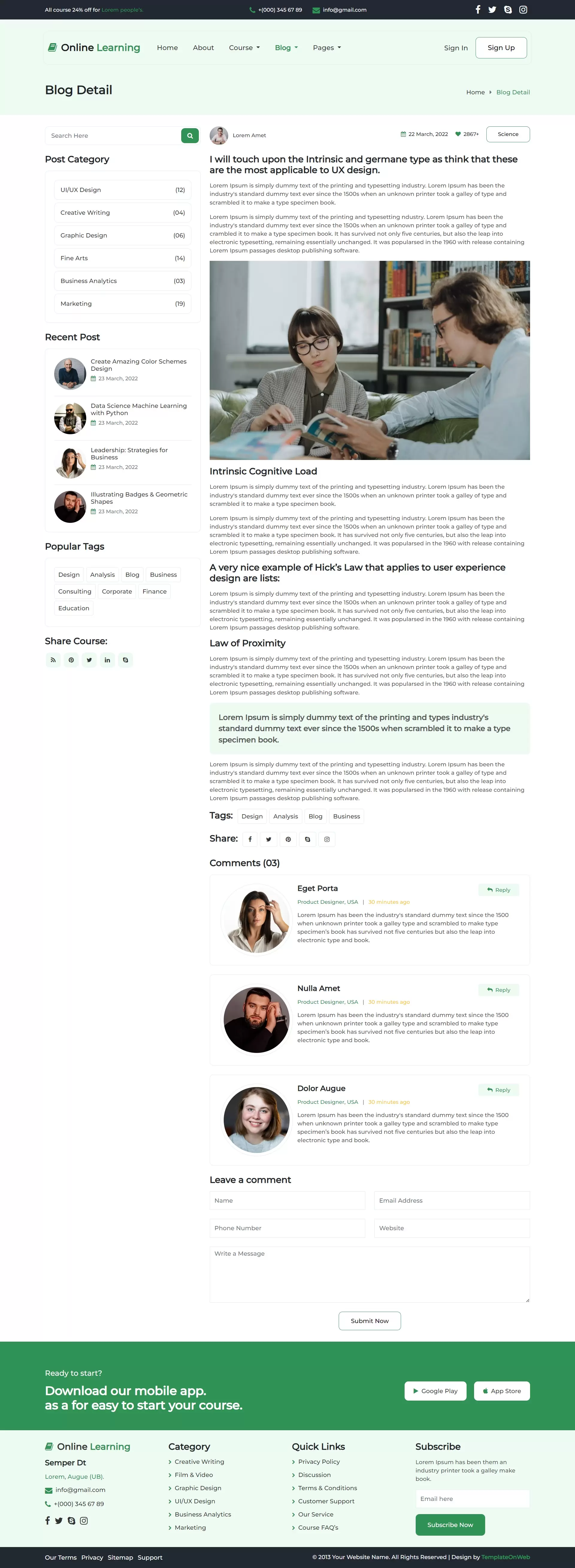 E-learning blog details page with user reviews