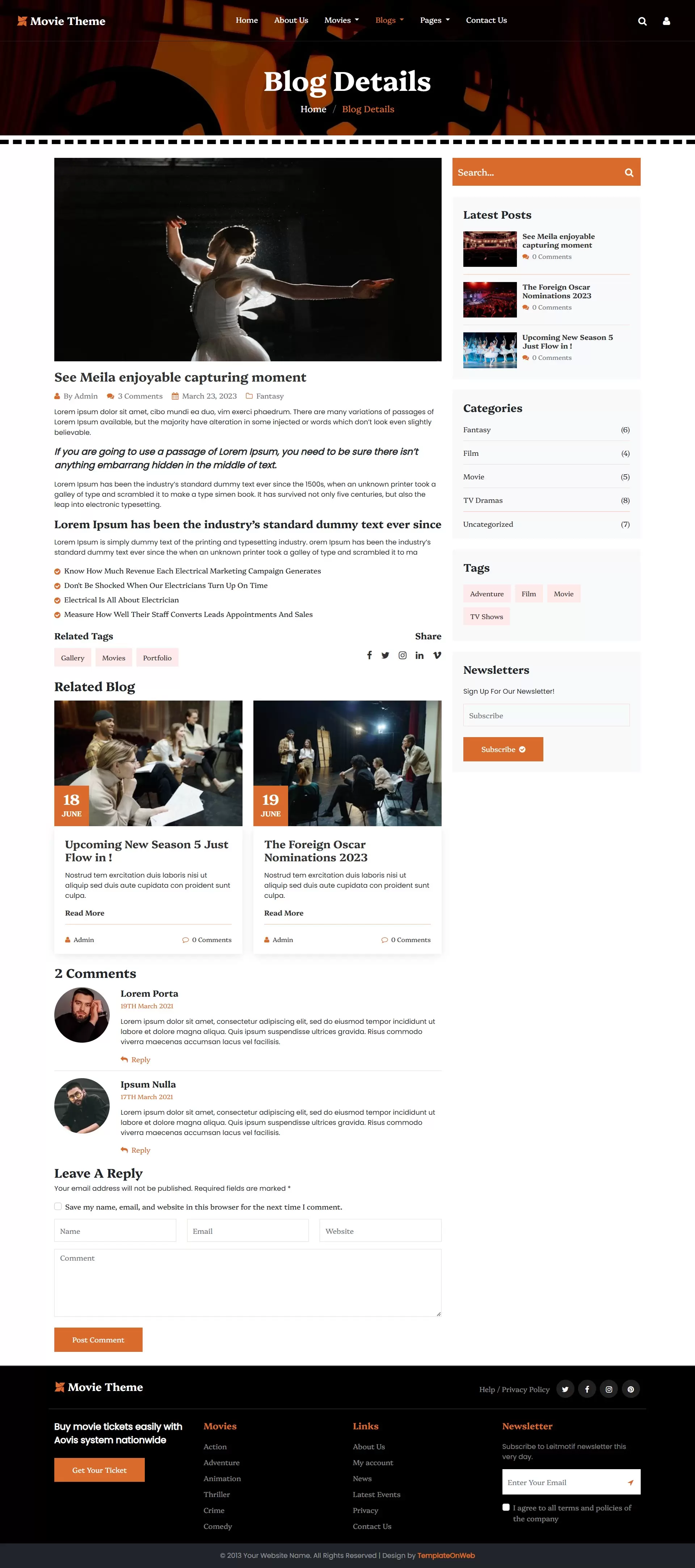 Entertainment blog details with review and user comments