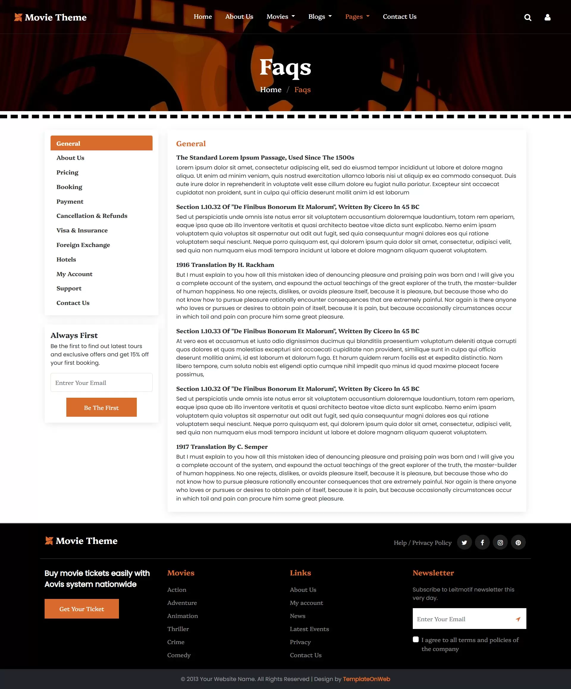 Movie ticket related common user faqs page, built with bootstrap 5