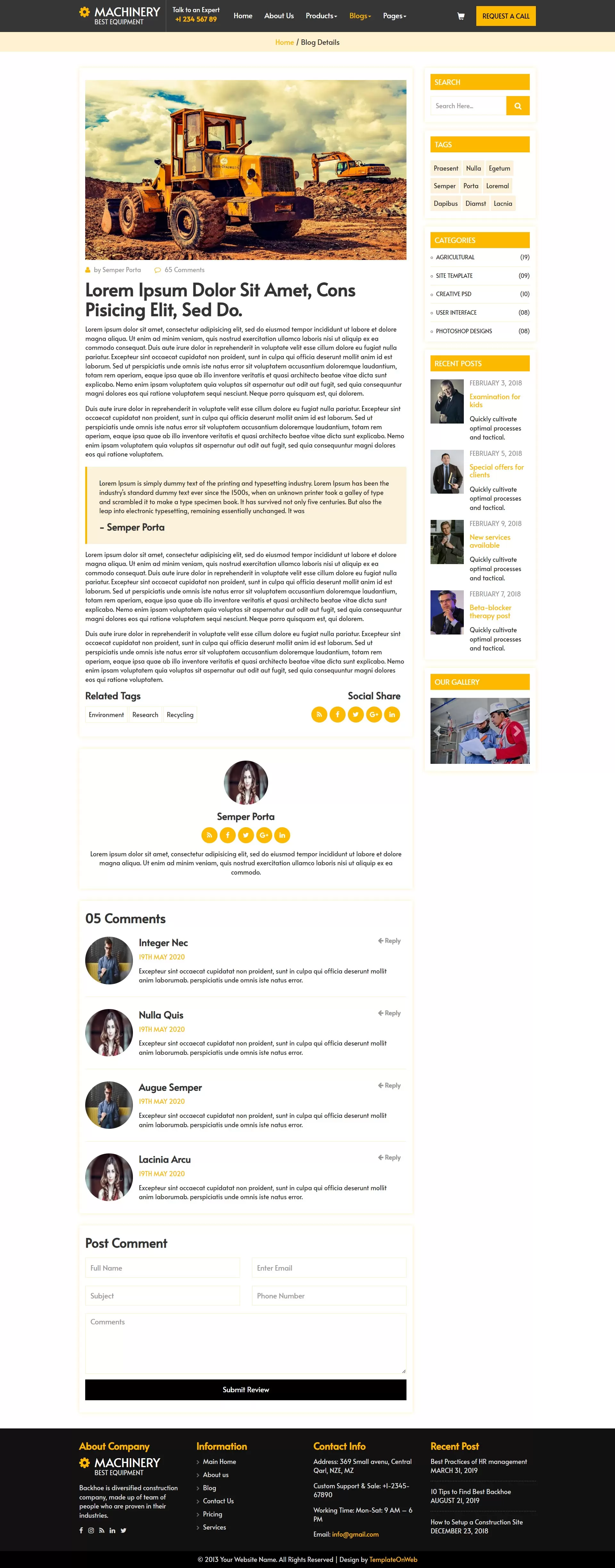 Blog details page with social sharing, user review and comments options