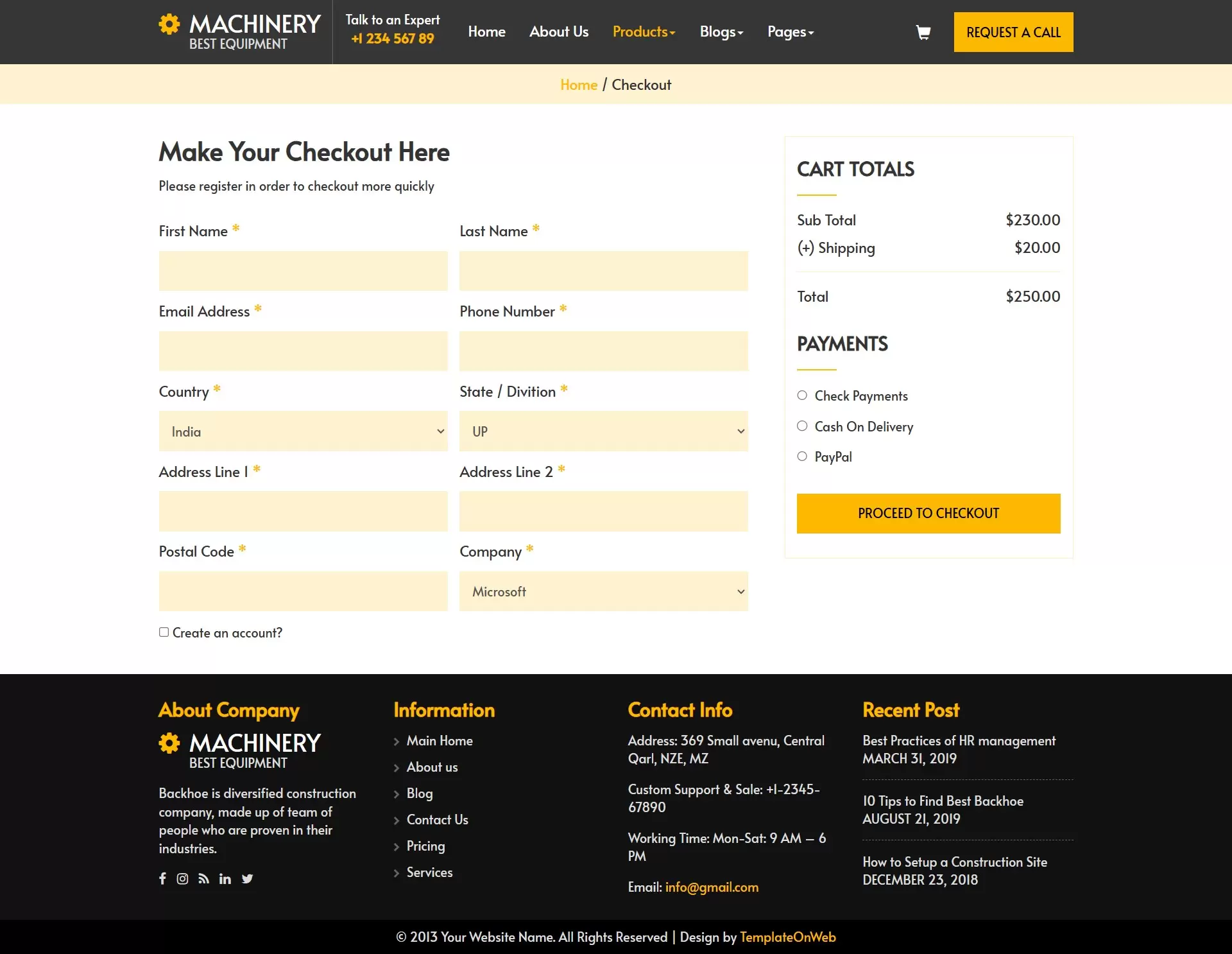 Checkout page to enter payment and shipping details to complete their order