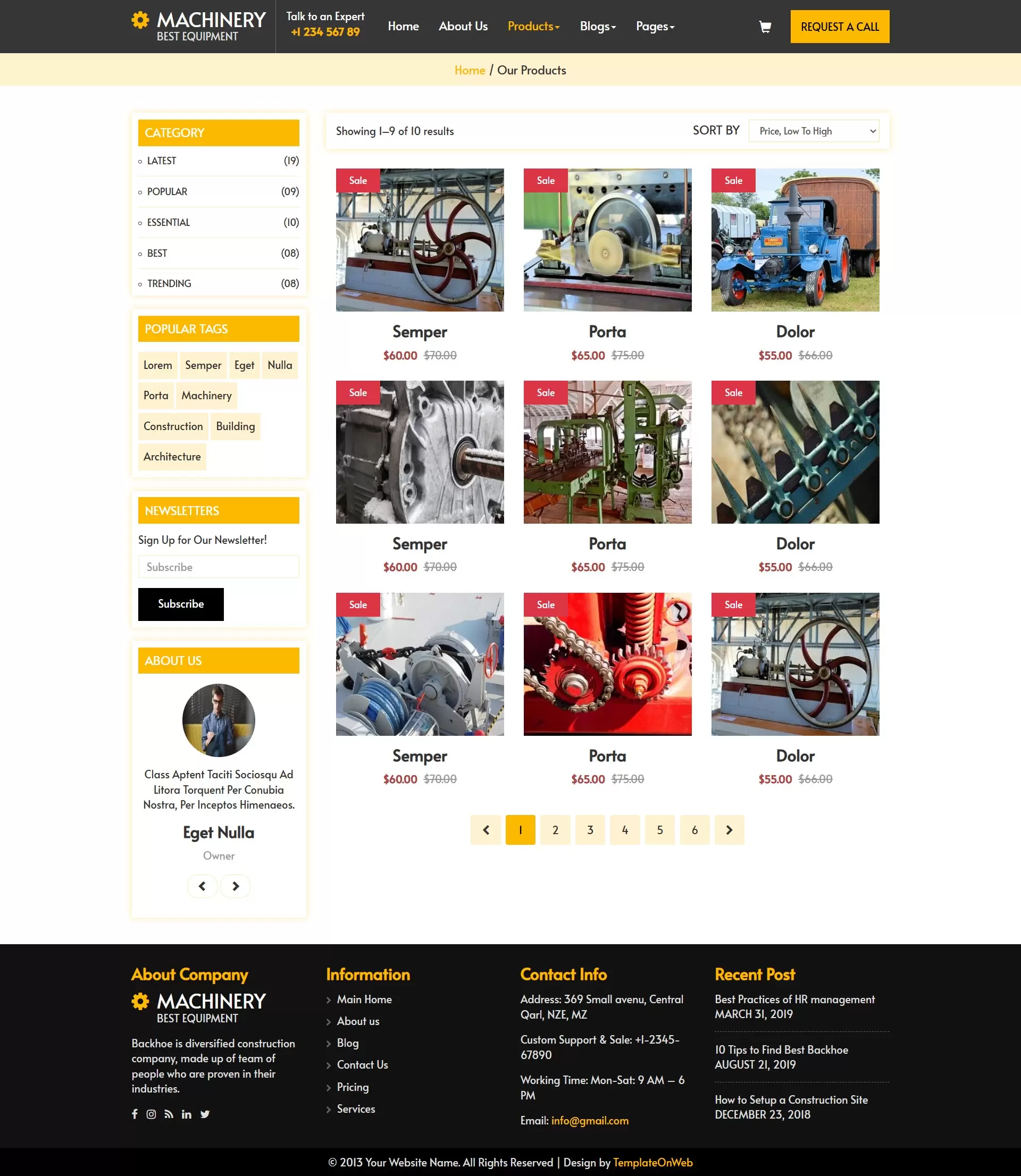 Products listing page to display machinery, tools, and custom-manufactured parts