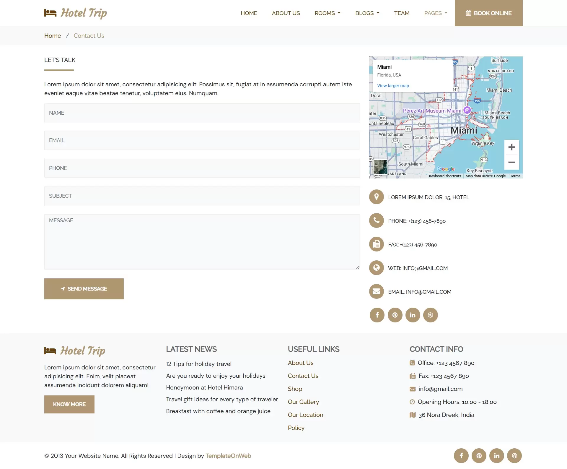 Hotel contact form with email, phone, and social media links