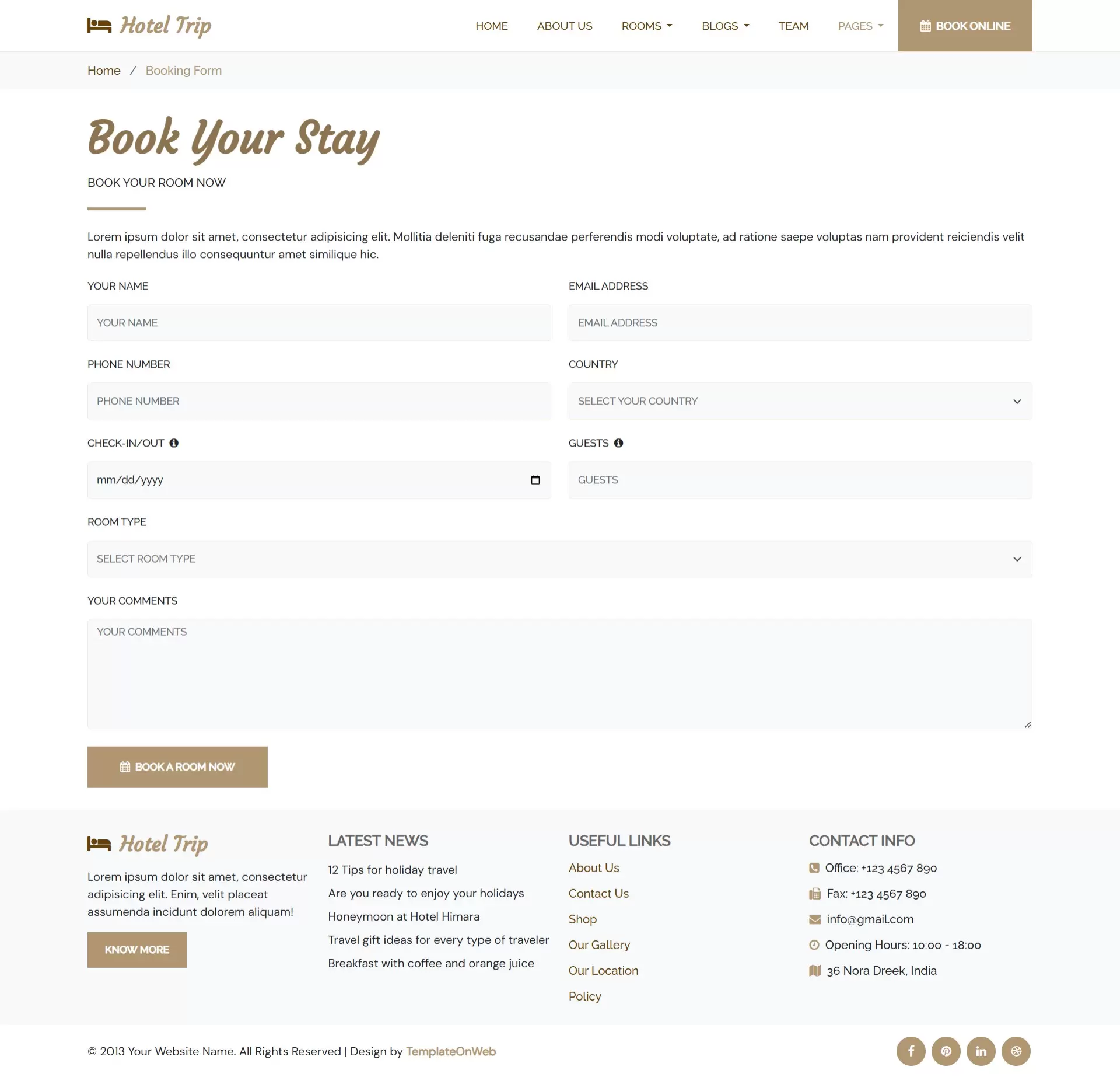Hotel room booking form
