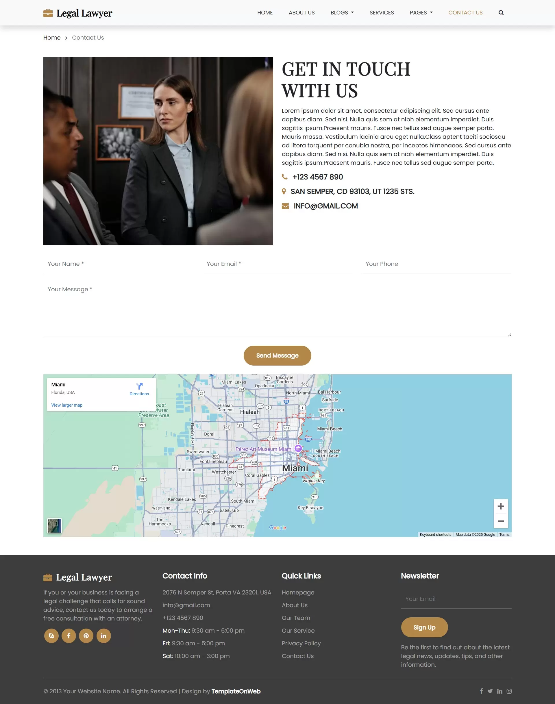 Law firm contact page with address and consultation form