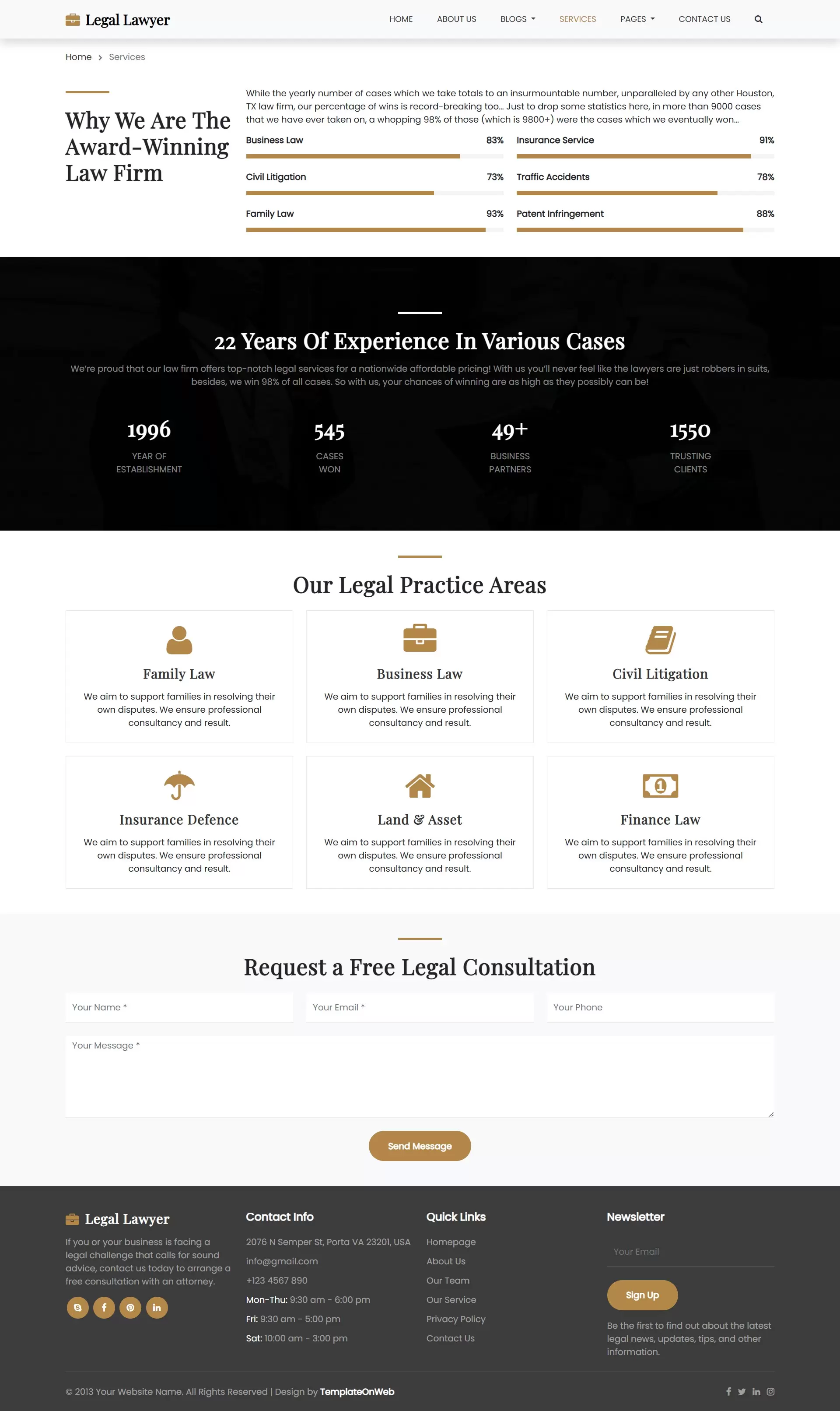 Legal services and practice areas in law firm website template