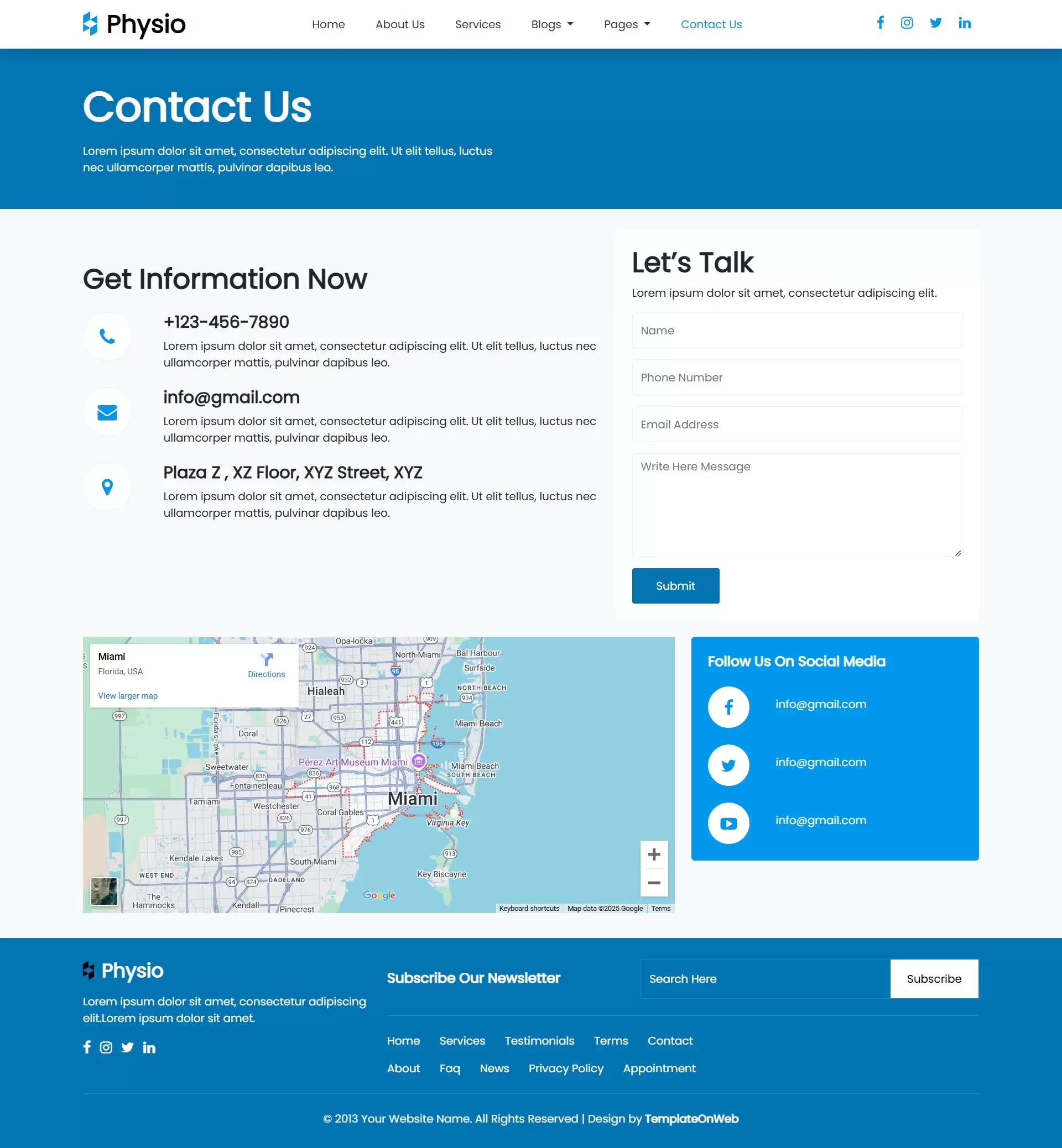 Contact form for patient inquiries, clinic location, phone number, and business hours
