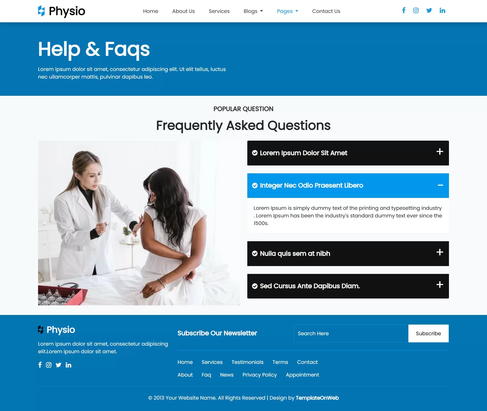 Faqs page for common patient queries about treatments, appointments, pricing, and recovery processes
