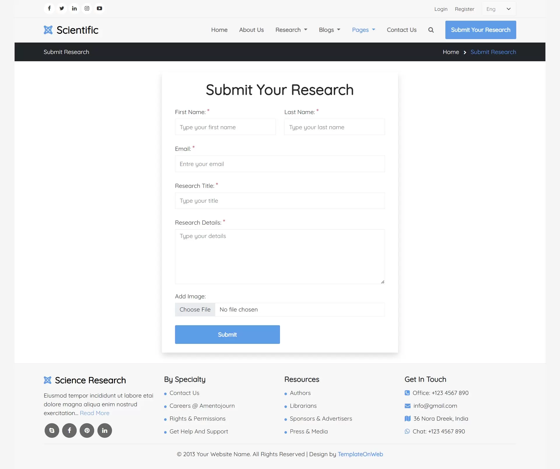 Html form for users to submit new scientific research