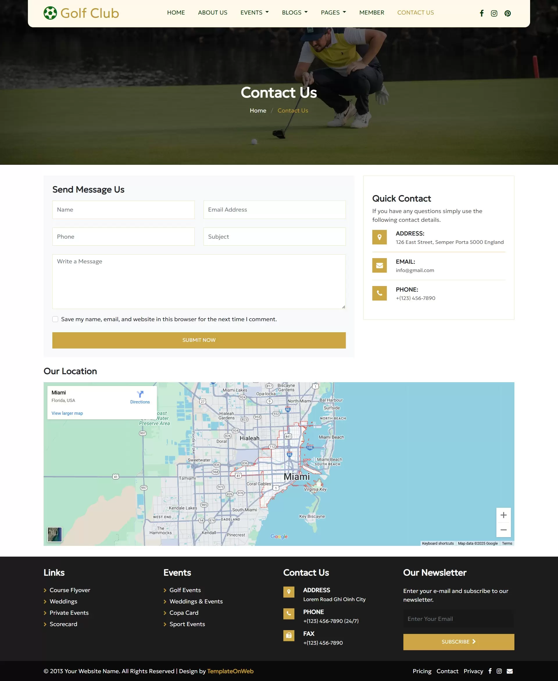 Contact Us Page - Golf club location with Google Maps integration