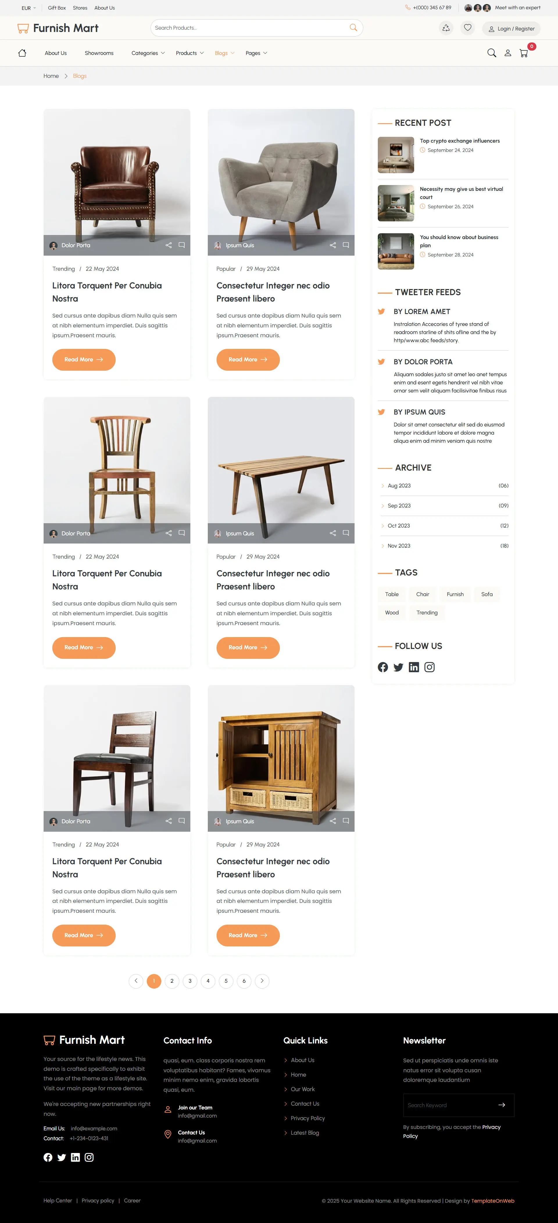 Furniture blog page showcasing home furnishing articles, decorating ideas, and furniture trends