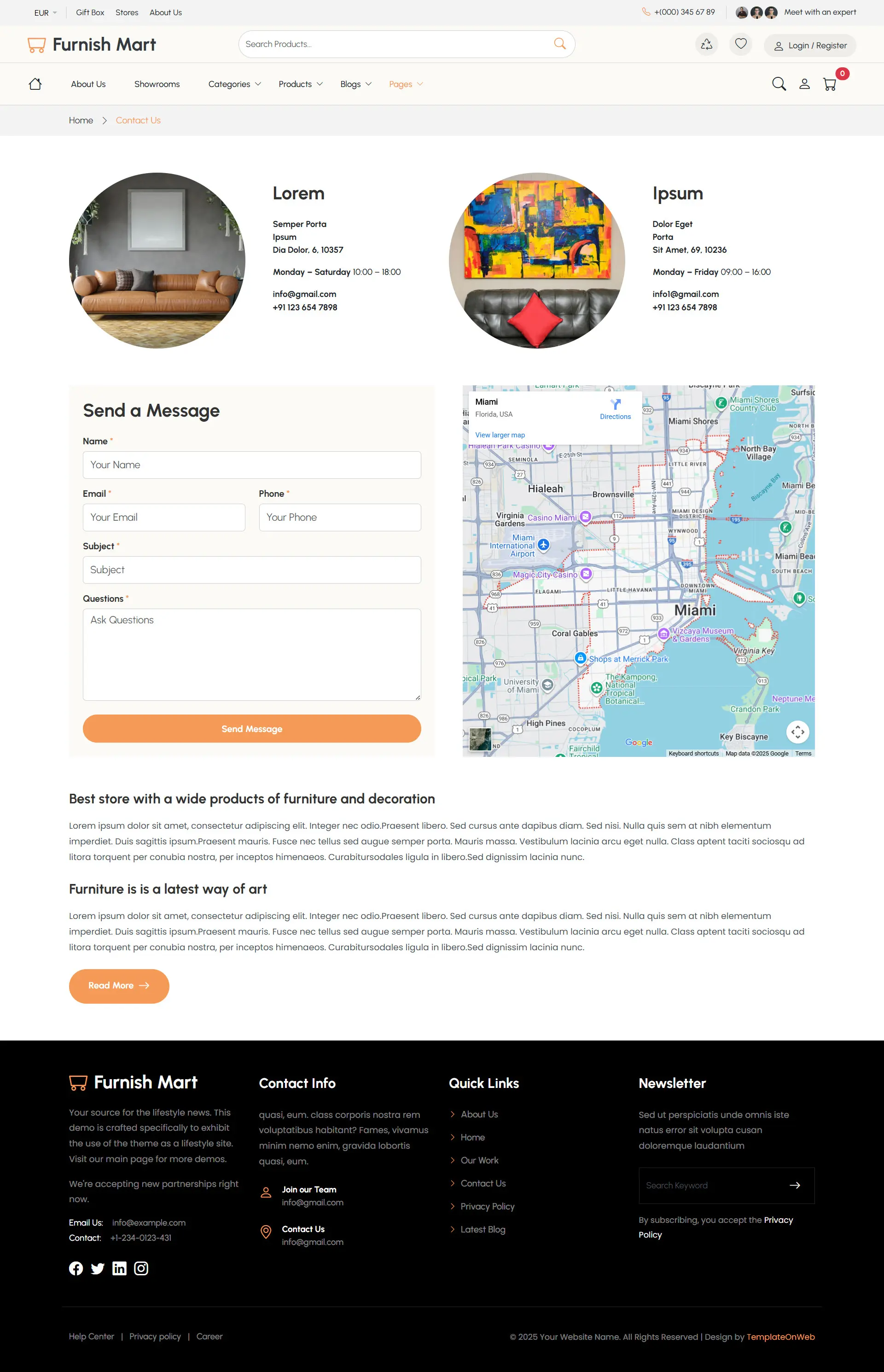 Modern furniture shop contact us page designed for customer inquiries and support requests