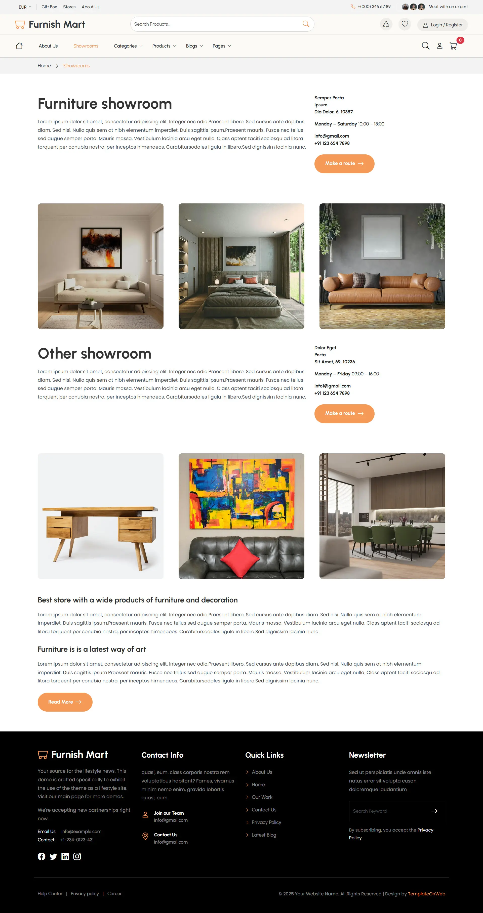 Furniture showroom page showcasing modern furniture collections, store locations, interior displays, and premium home furnishing solutions