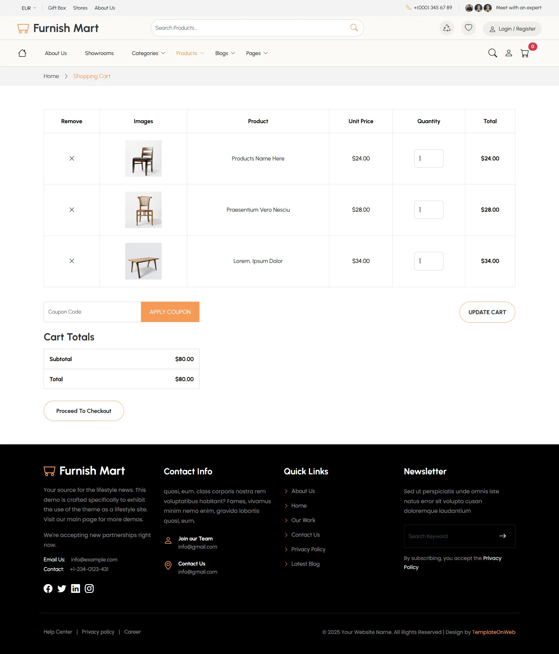 Online furniture store cart page displaying selected furniture items and checkout options