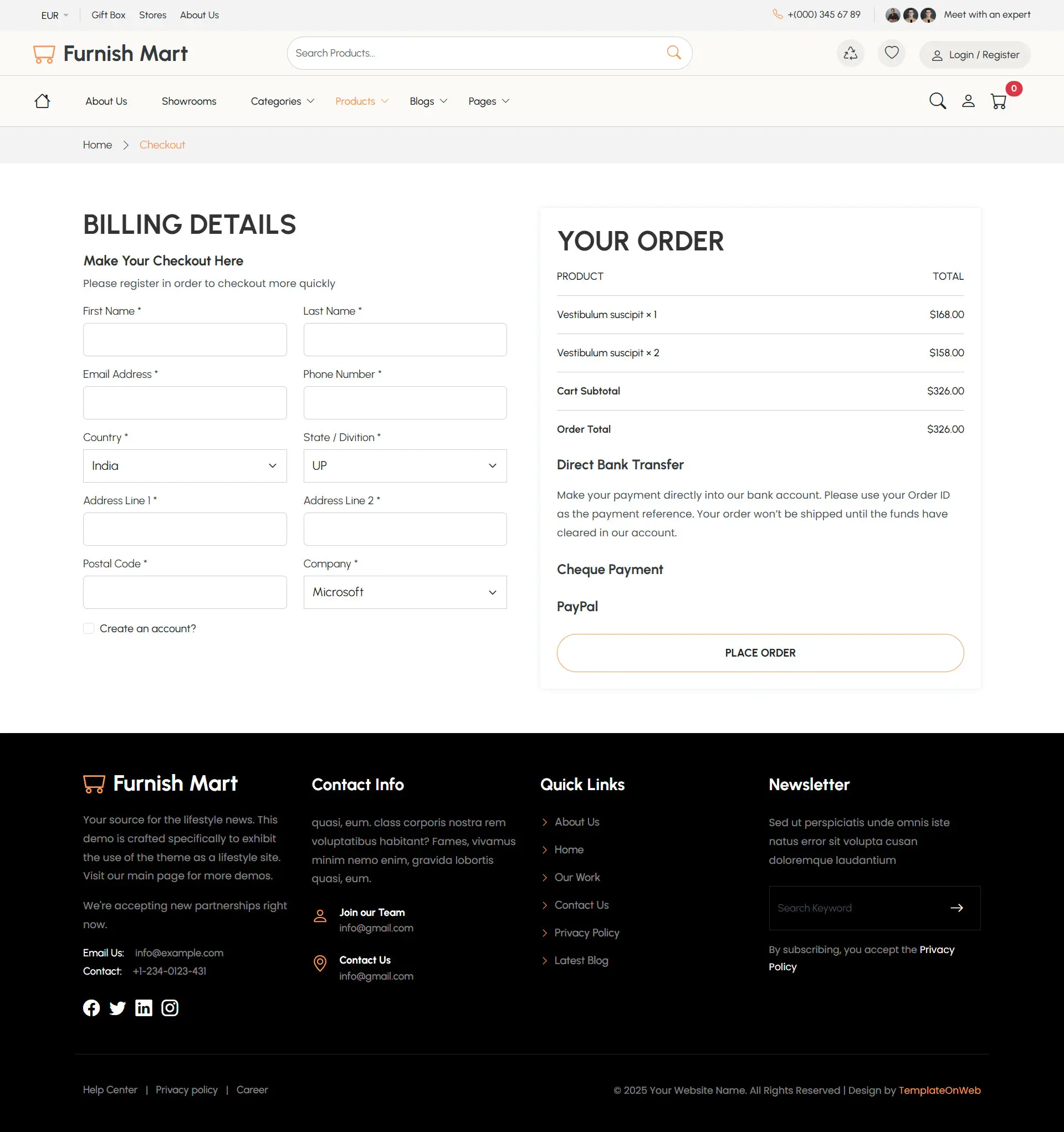 Responsive furniture website checkout page with shipping address and purchase confirmation options