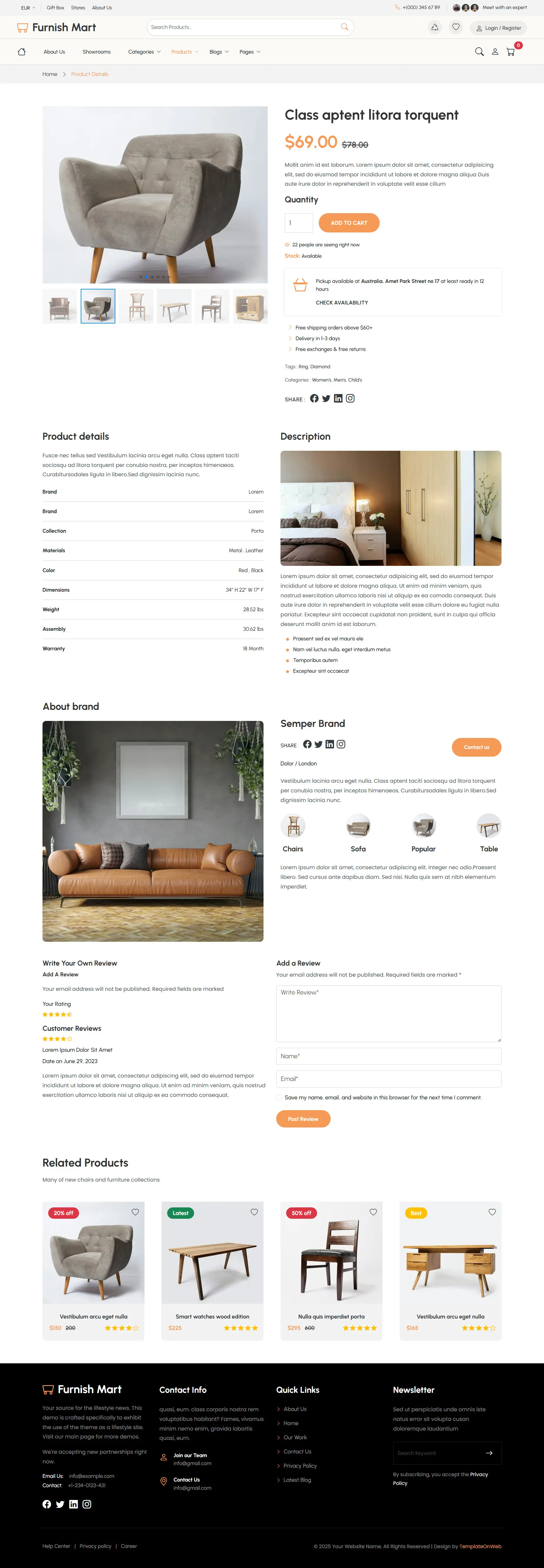 Modern furniture product page featuring product description, specifications, and purchase options