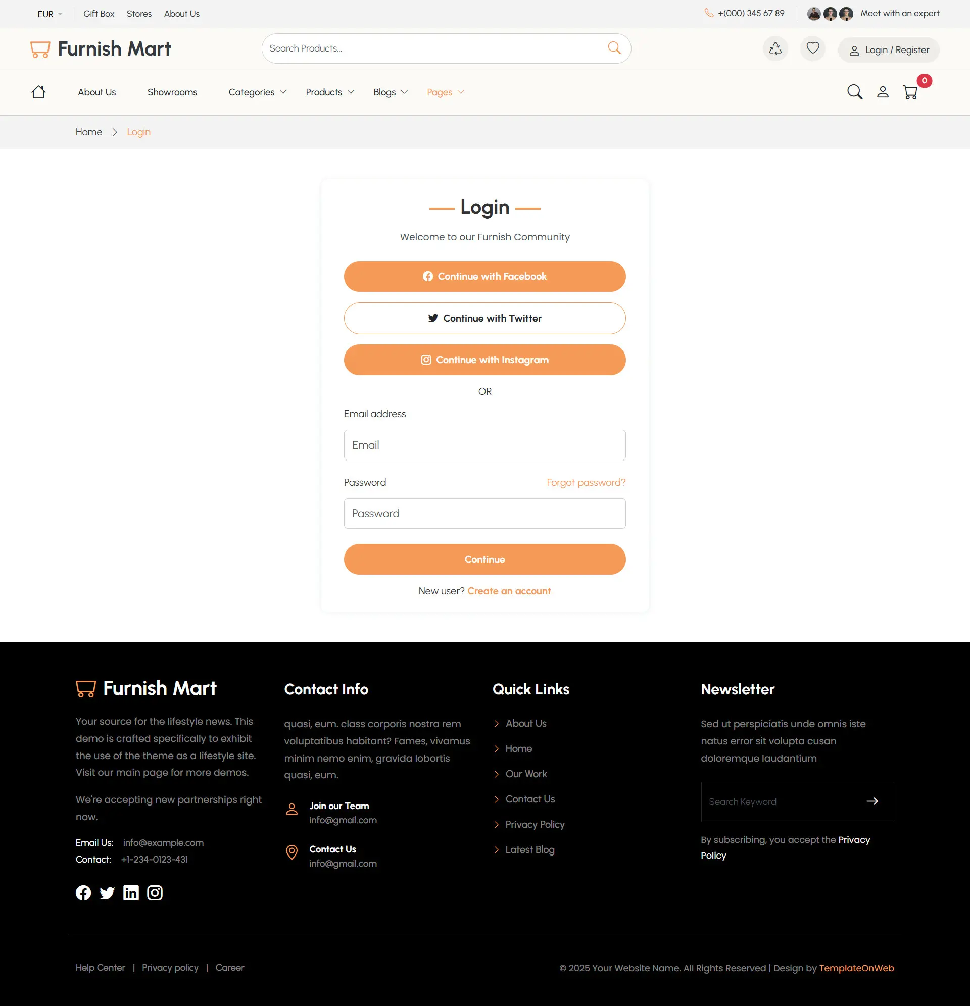 Modern furniture store account login page design