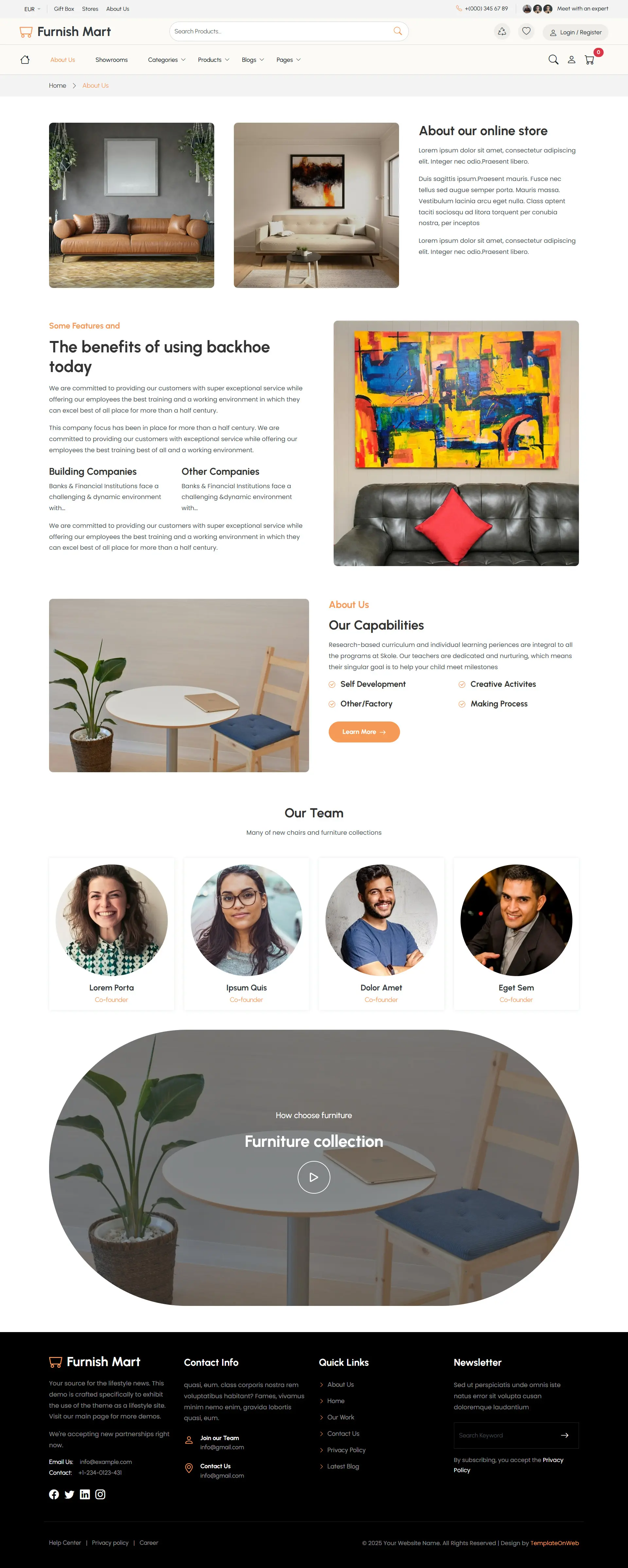 Online furniture shop About Us section highlighting brand values, premium materials, and customer satisfaction