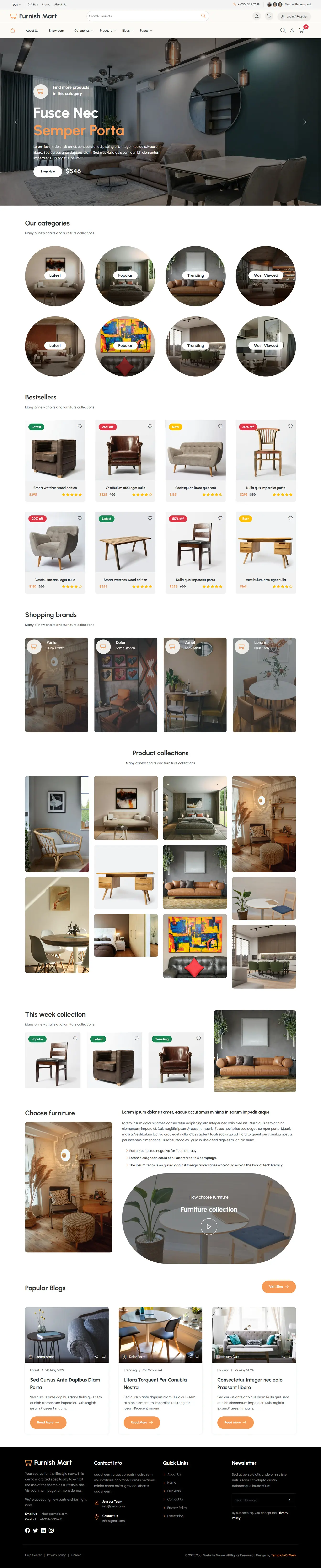 Online Furniture Shop Website Template homepage showcasing modern furniture collections, product categories, shopping cart, and responsive eCommerce design