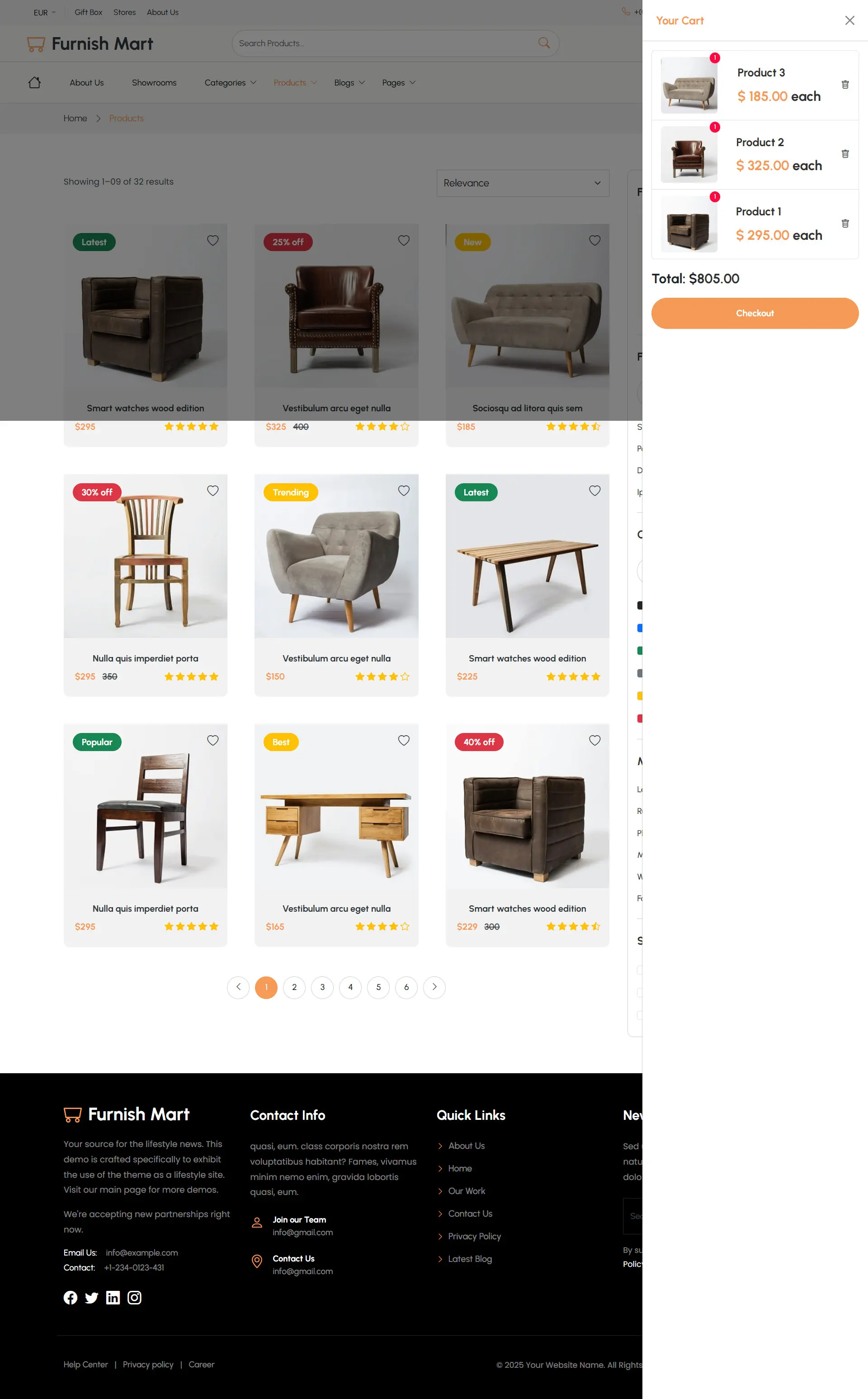 Responsive furniture website mini cart featuring selected products and instant checkout access