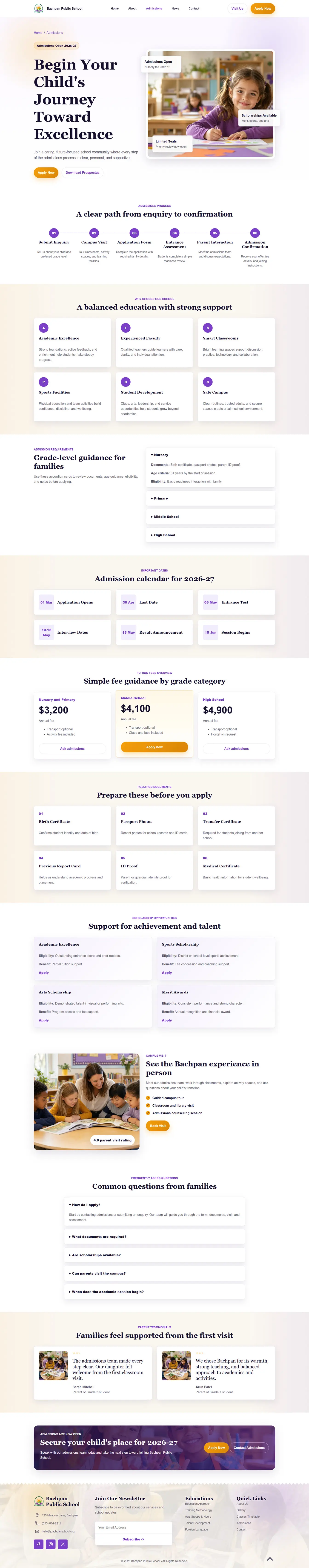 Professional school admissions page layout for responsive education website template