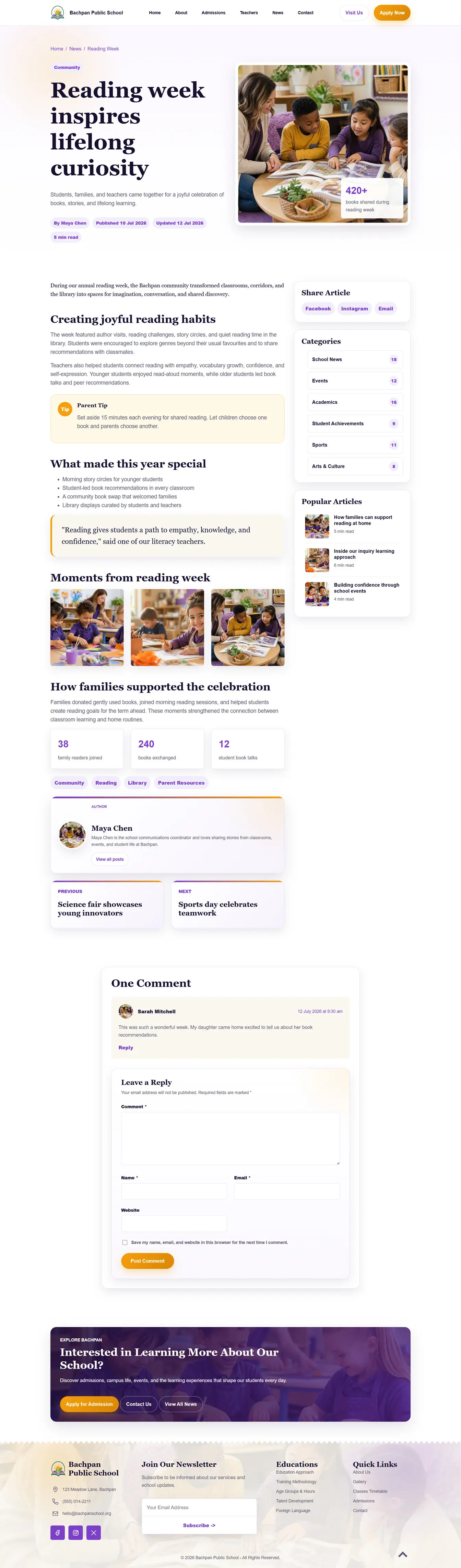 Single blog article page layout for school website HTML template
