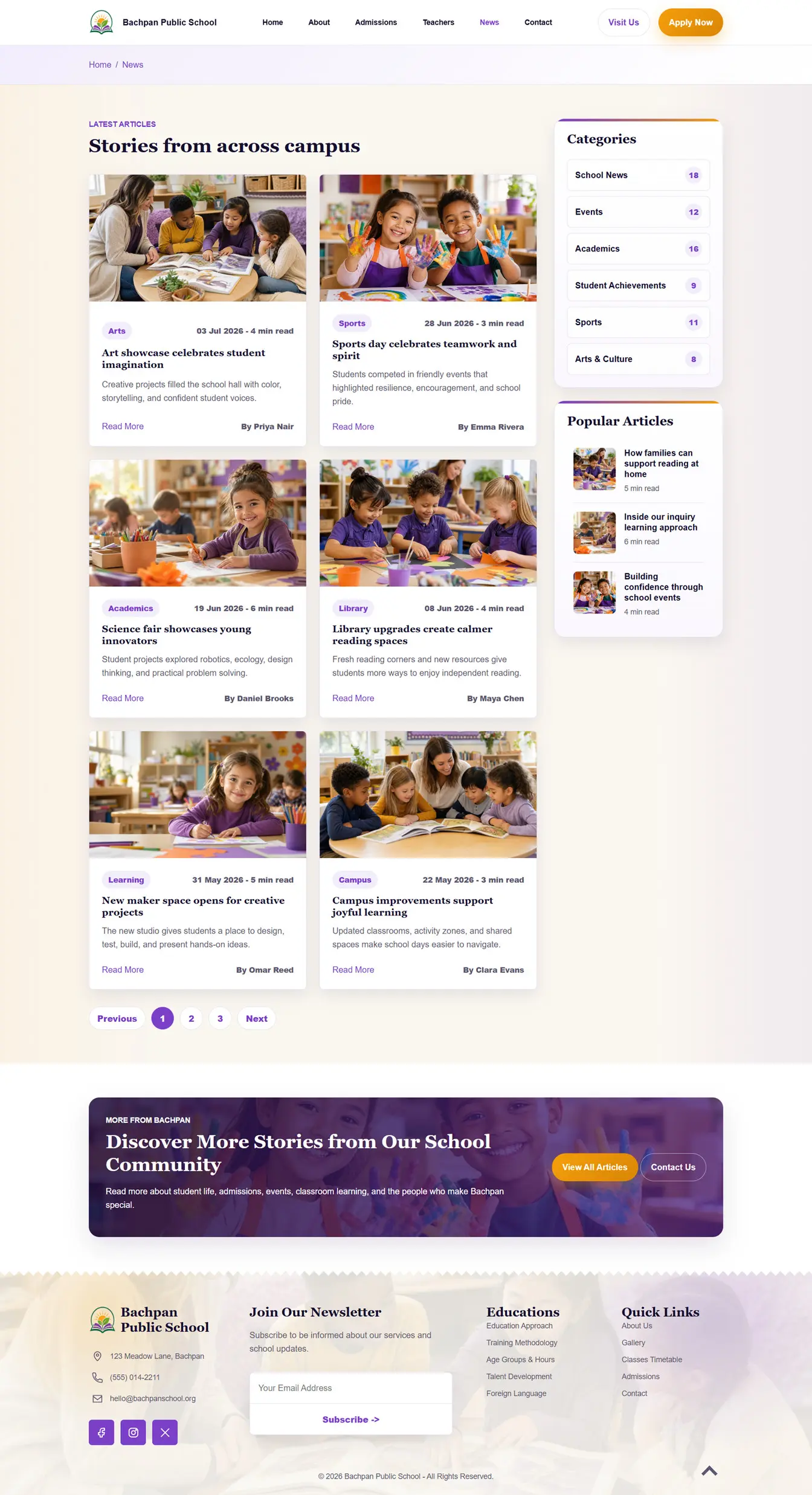 School news and blog listing page design for responsive education HTML template