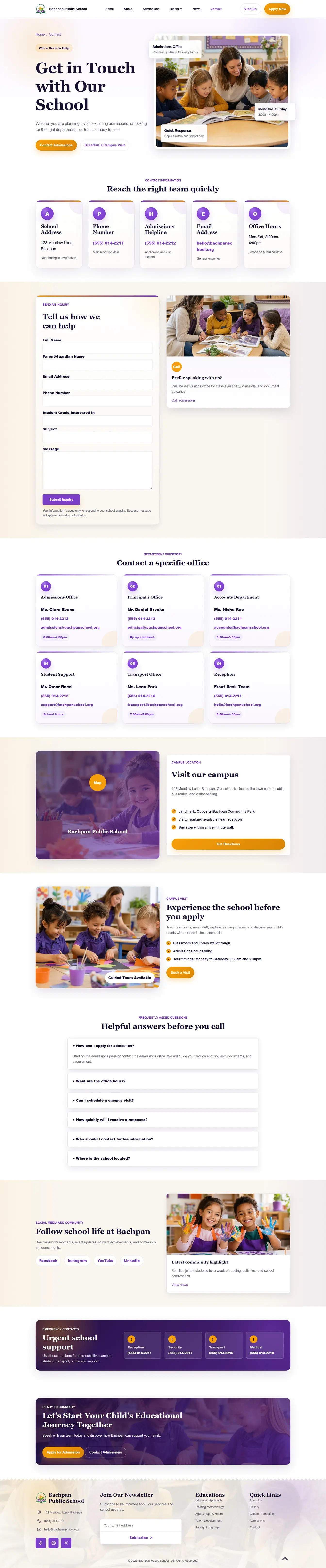 Modern contact page design for school admissions and education website template
