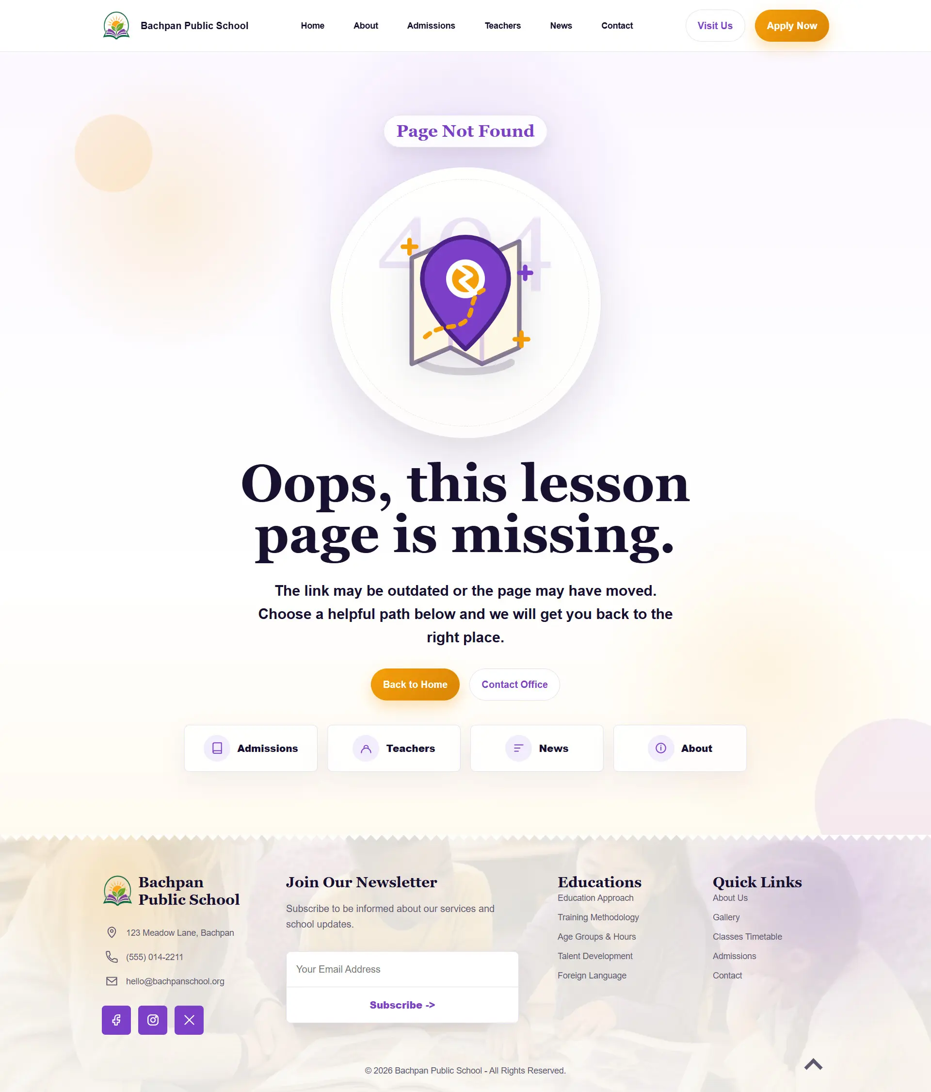 Creative 404 error page design for school HTML website template