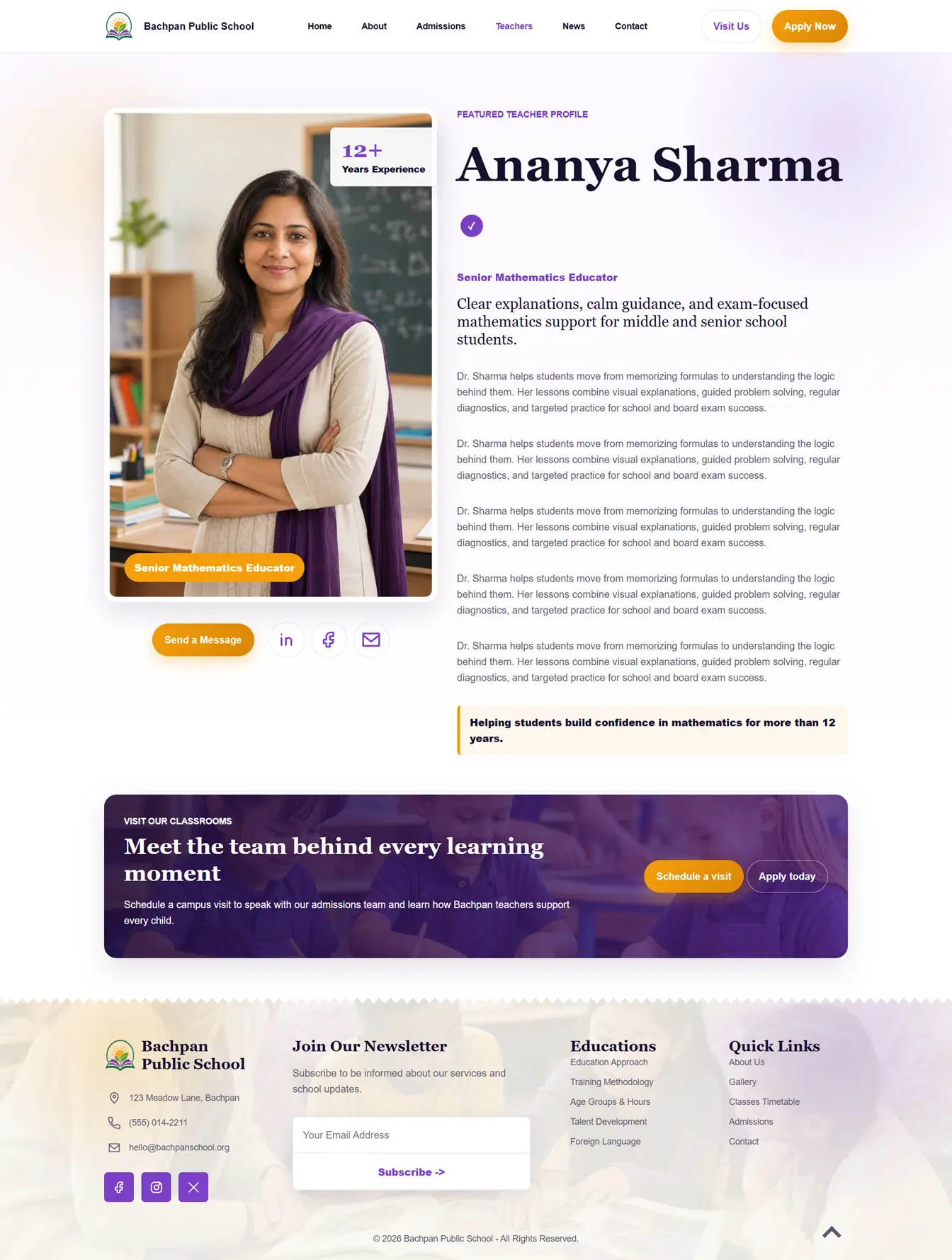 Teacher profile details page design for education and school website template