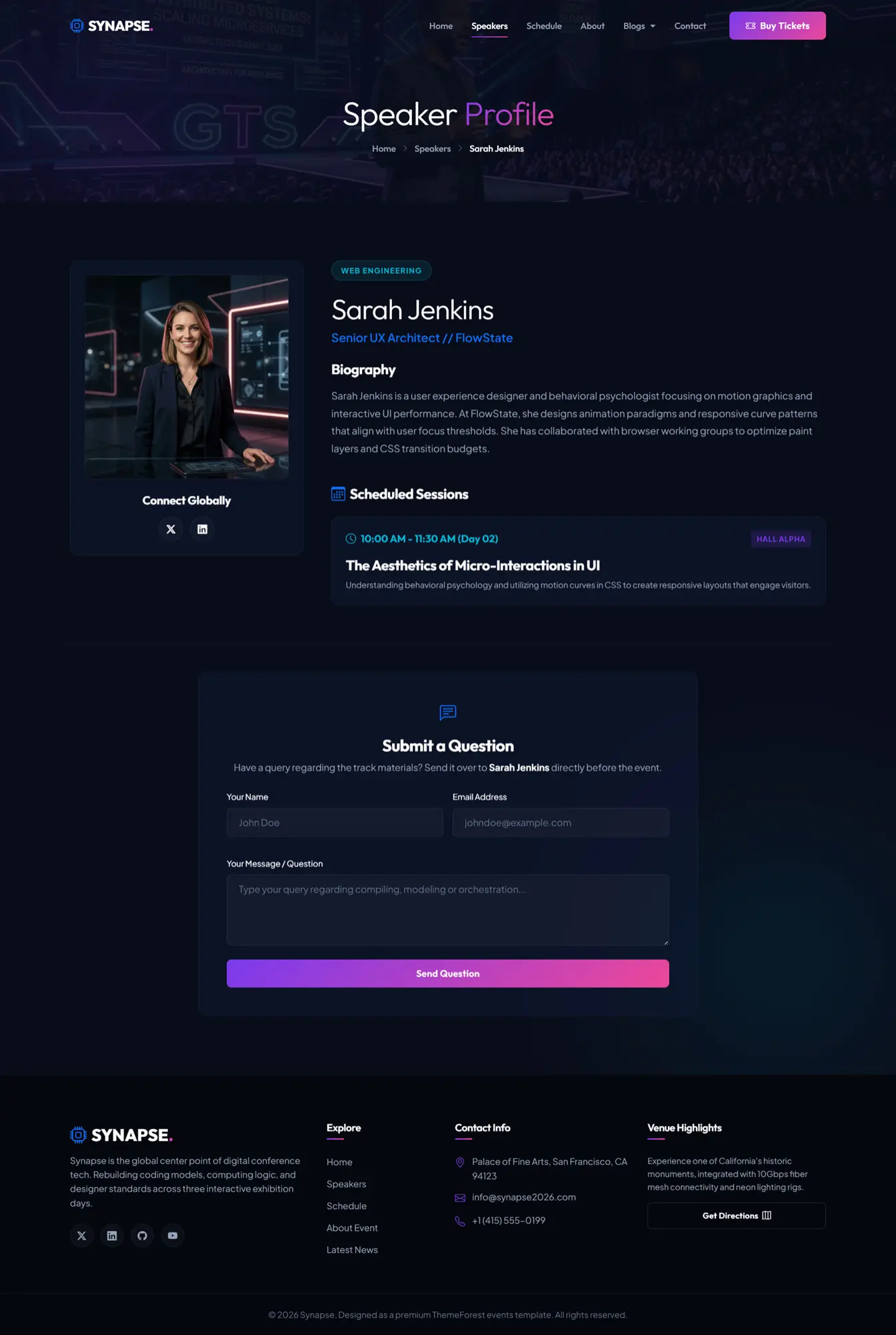 AI conference speaker profile and session details page
