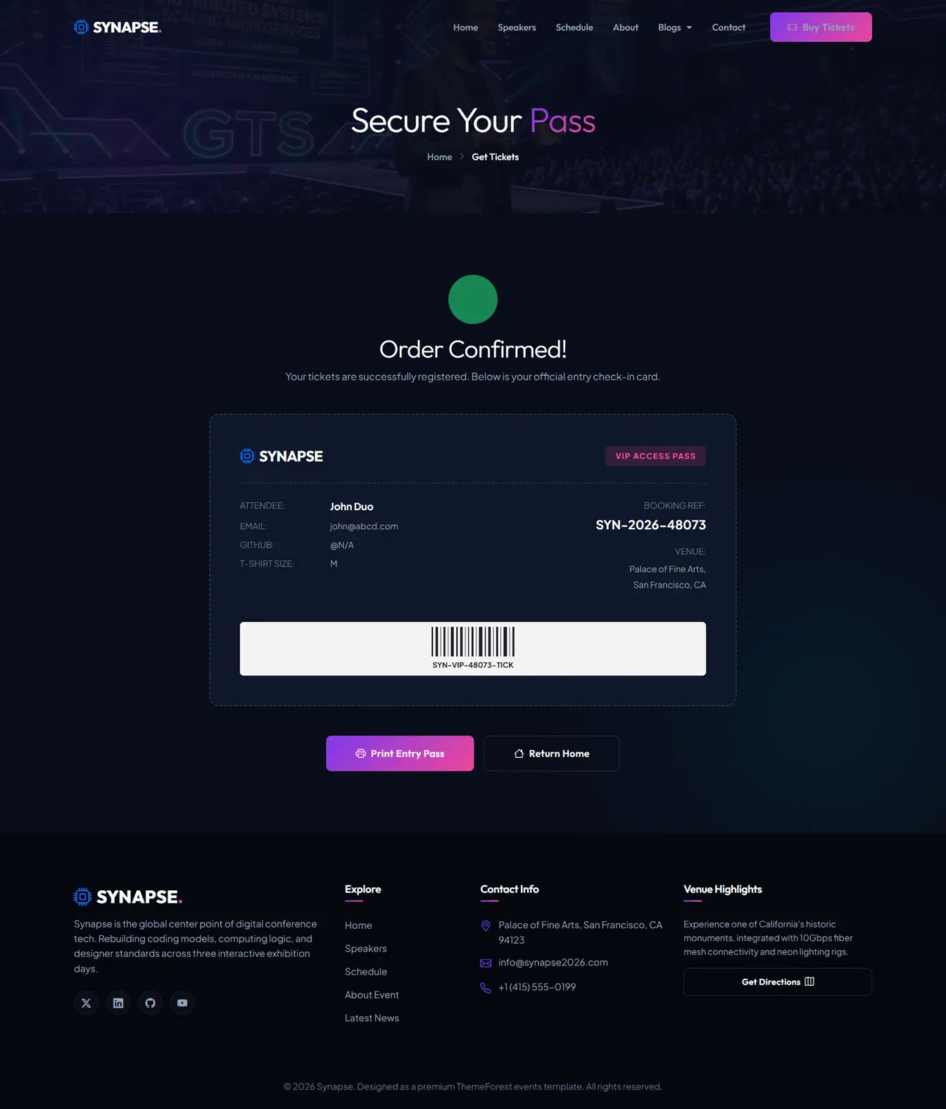 Buy ticket Order Confirmed page screenshot