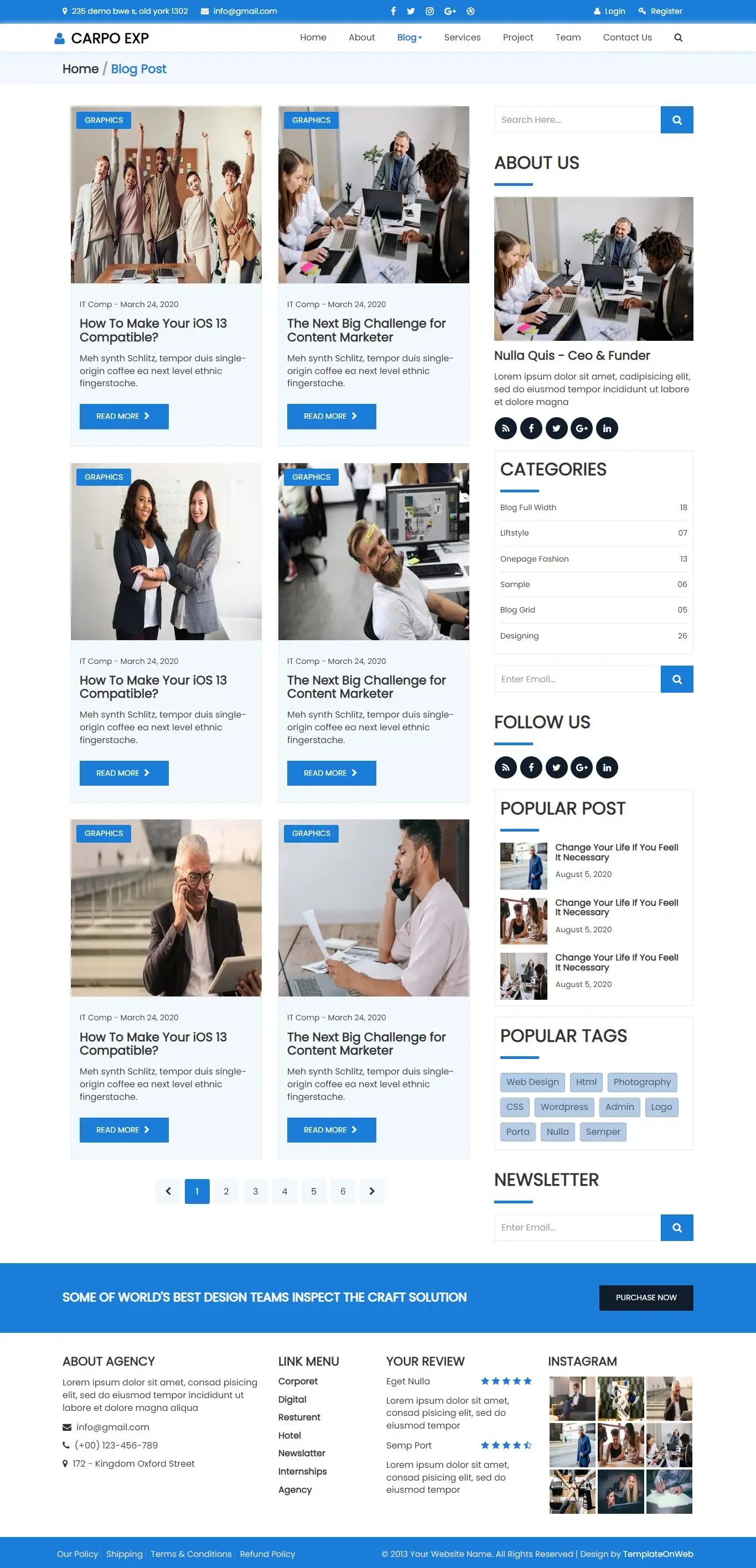 Small business website template blog page