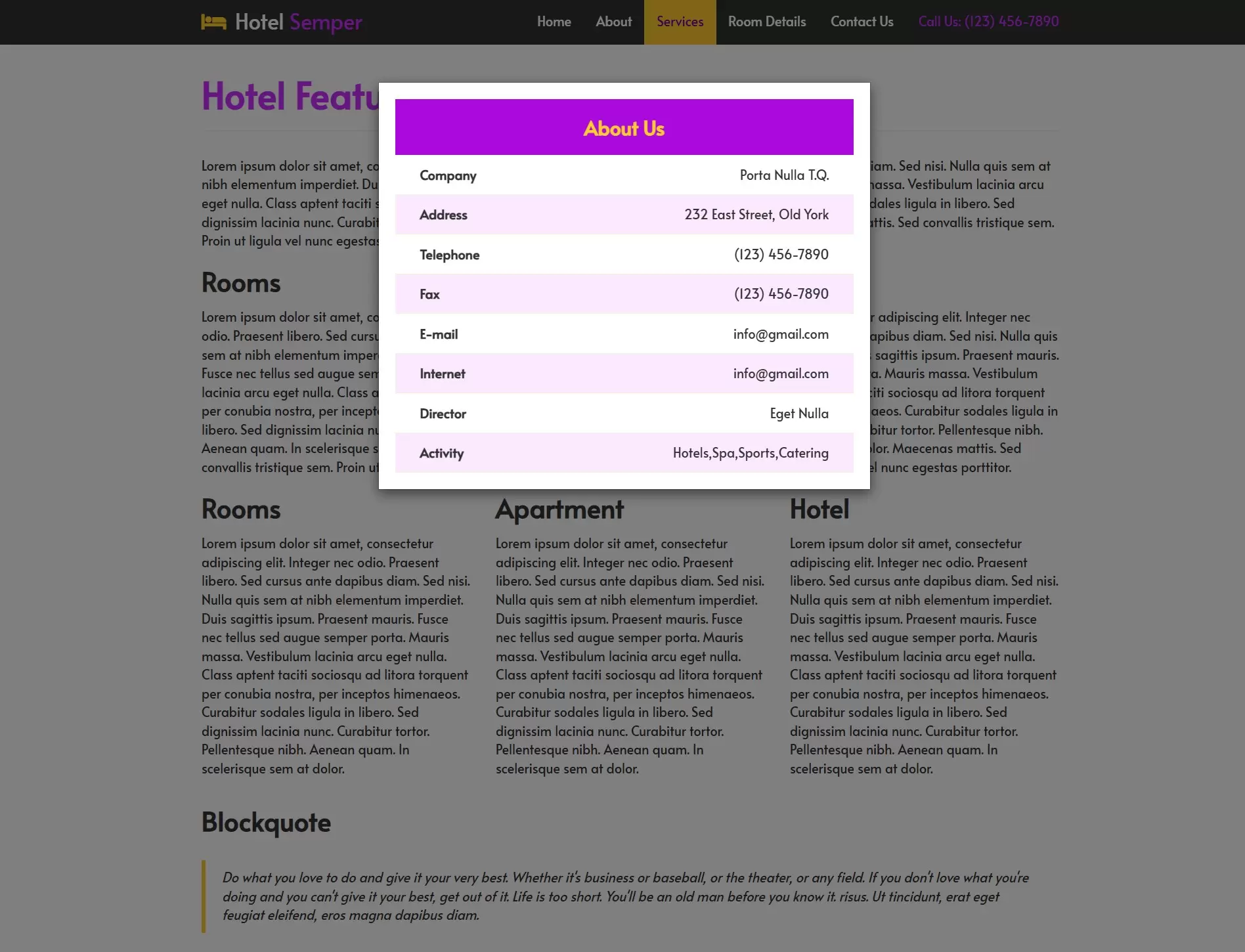 Details about hotel in modal window