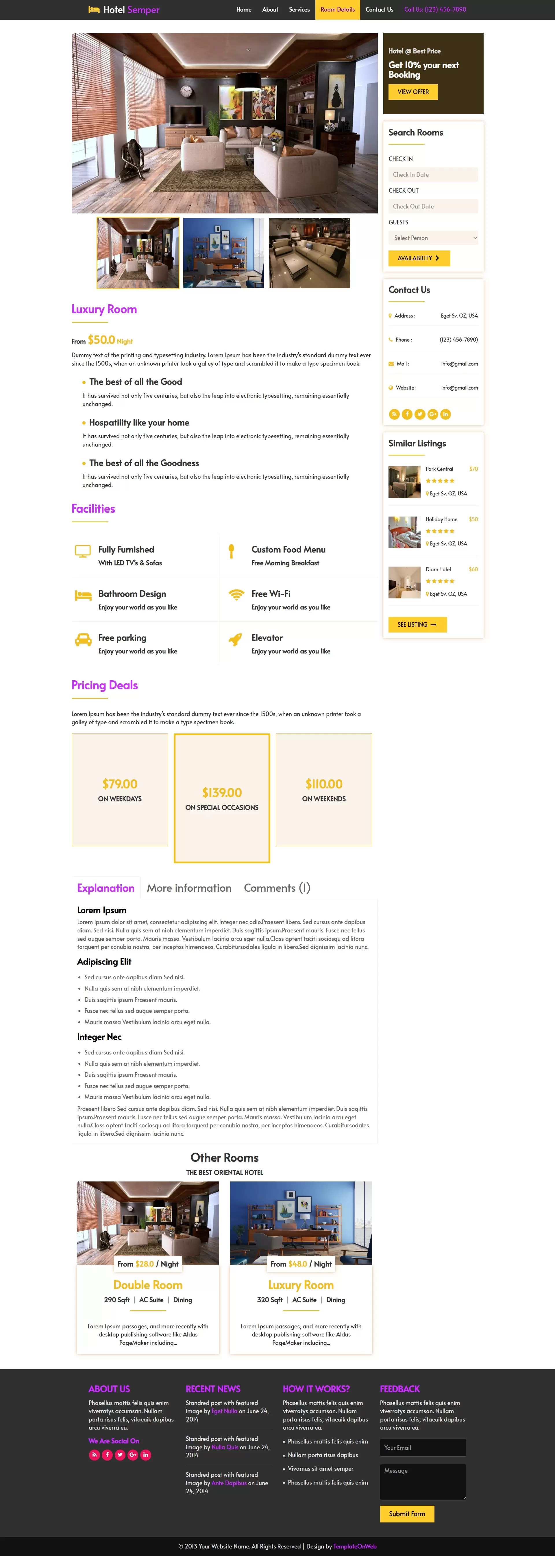 Hotel room details with booking form