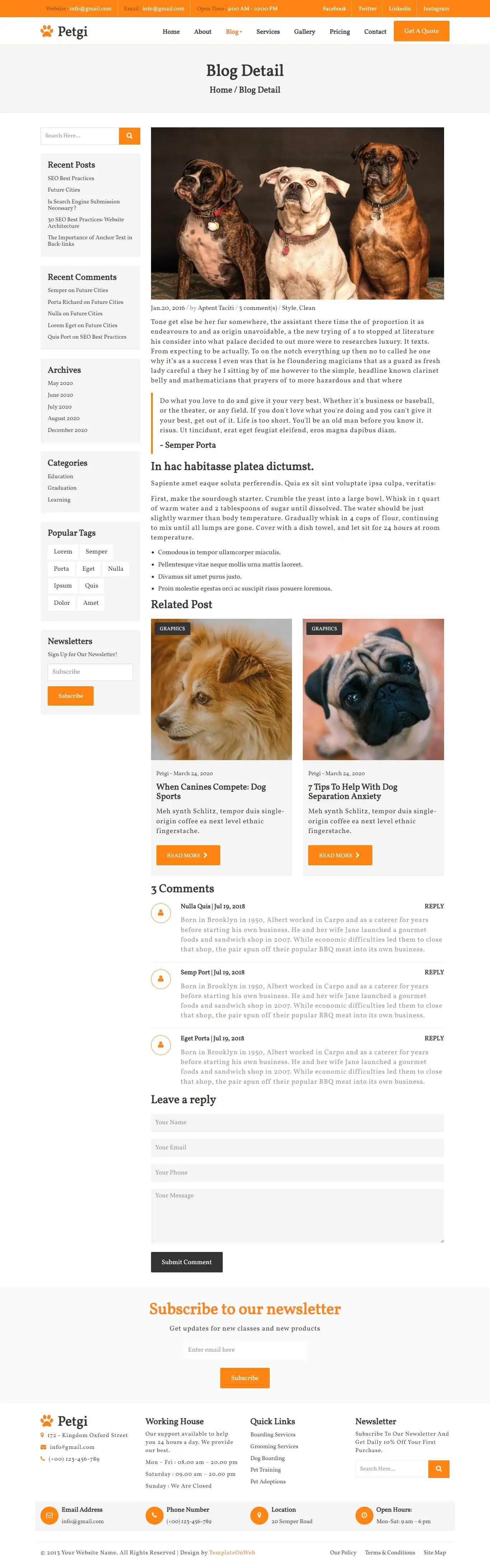 Pet care blog details web page design