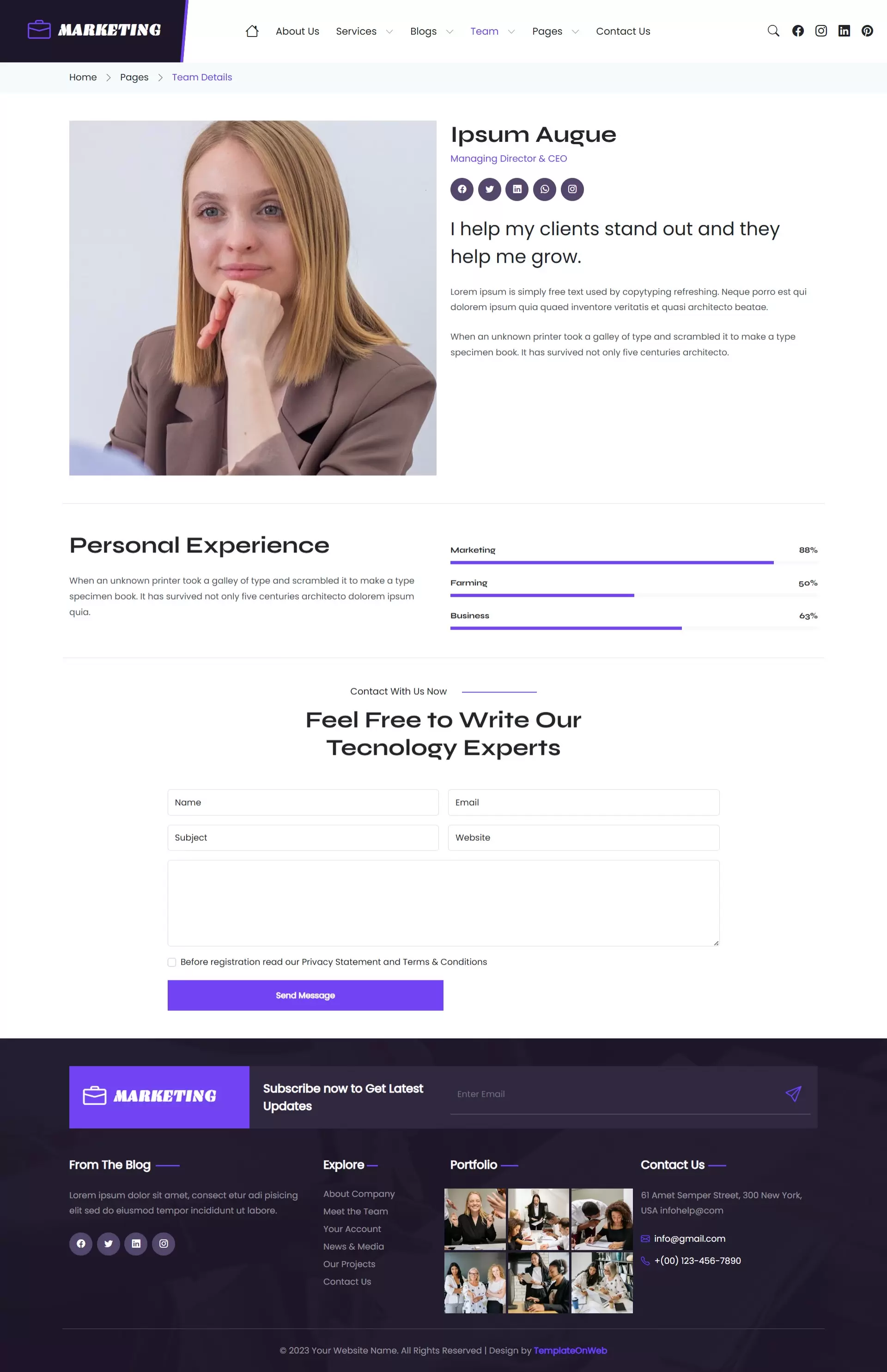 Creative content writers details page with social connect options