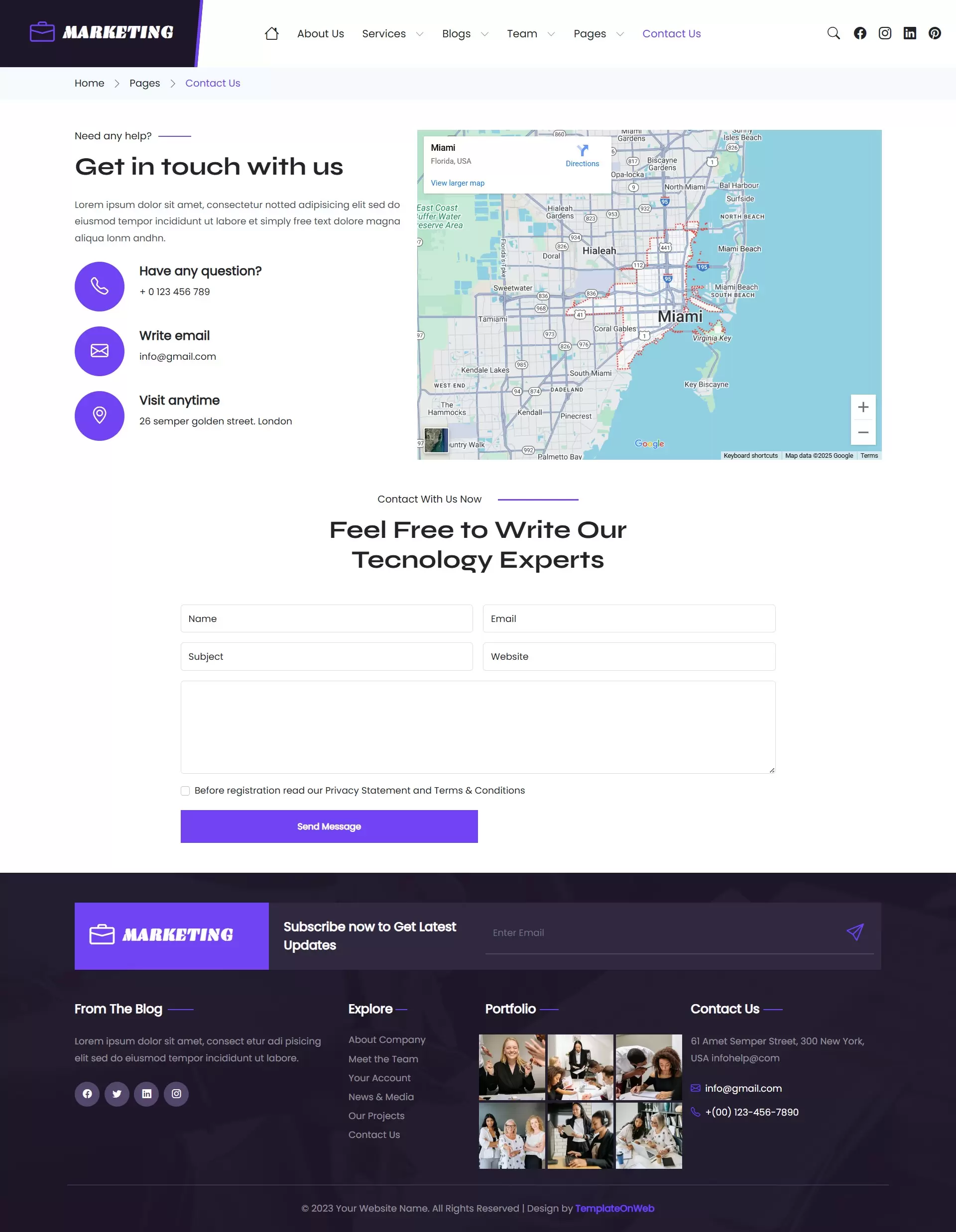 Contact Us – Inquiry form, location, phone number, and email details