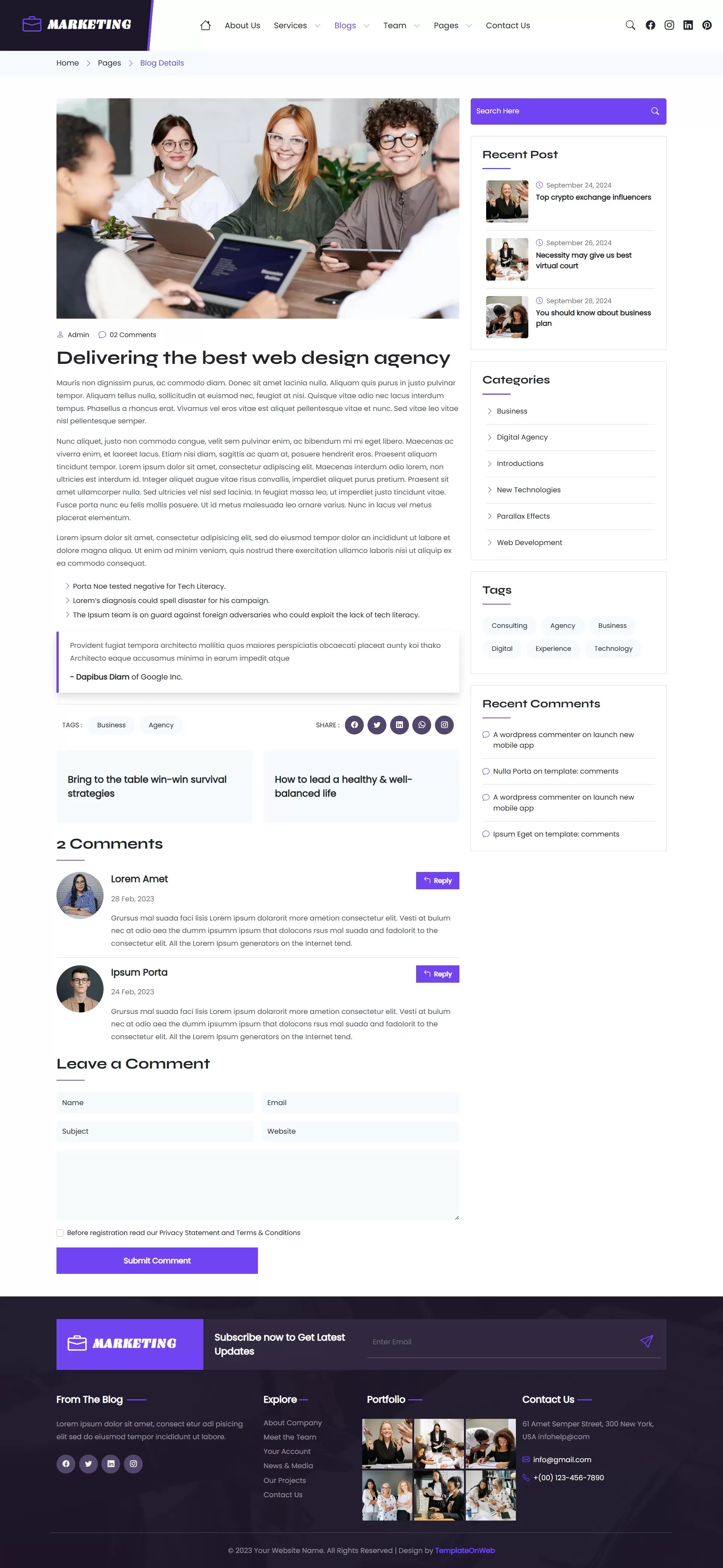 Marketing agency blog details page with customer review form