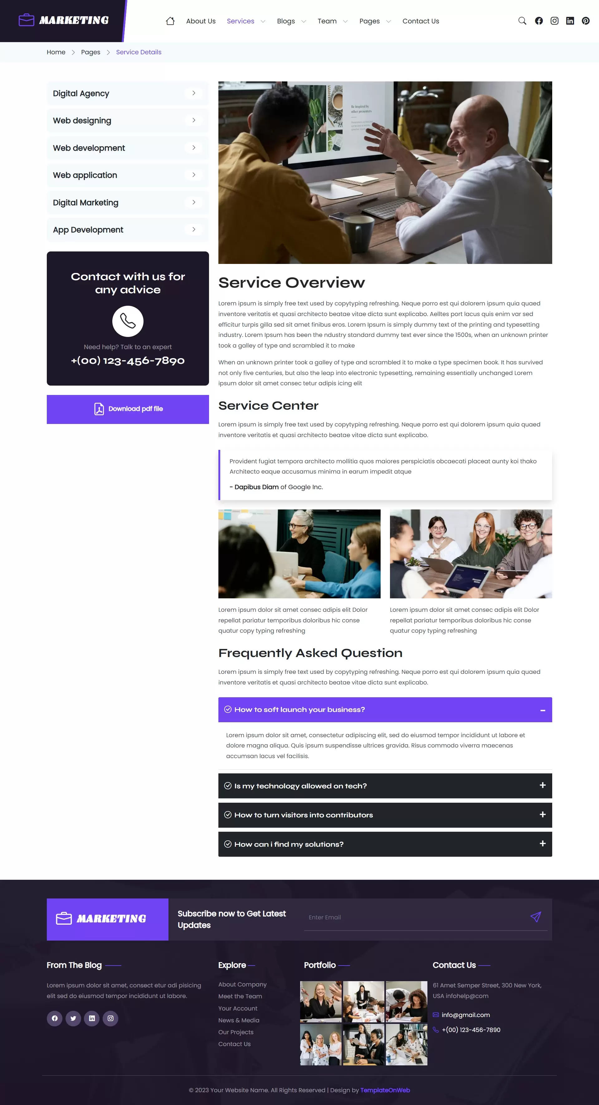 Services – Detailed descriptions of SEO, PPC, content marketing, social media marketing, etc.
